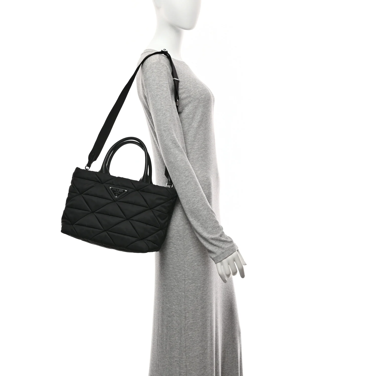 Re-Nylon Nappa Triangle Quilted Padded Small Double Handled Zip Tote Black - Image 2