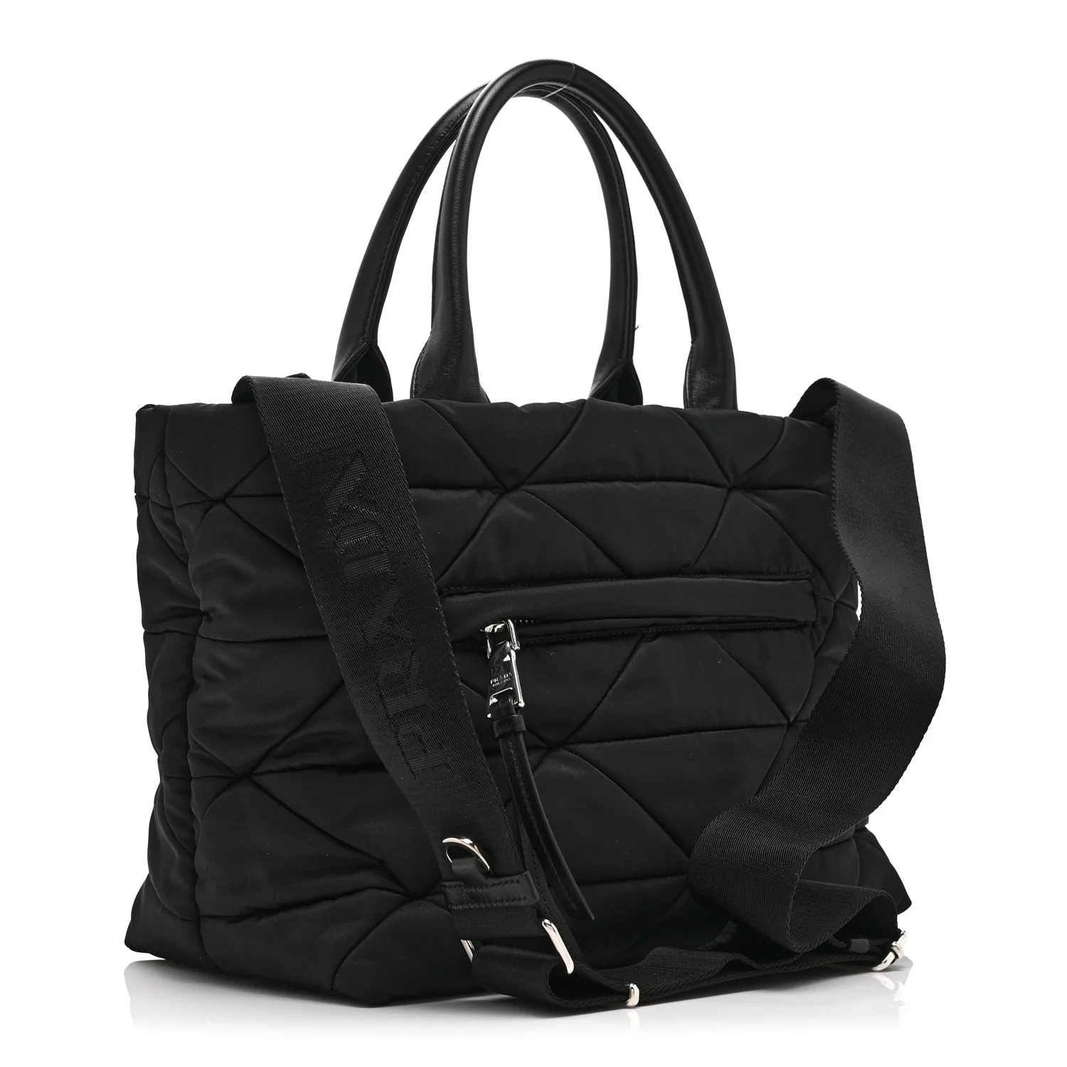 Re-Nylon Nappa Triangle Quilted Padded Small Double Handled Zip Tote Black - Image 3