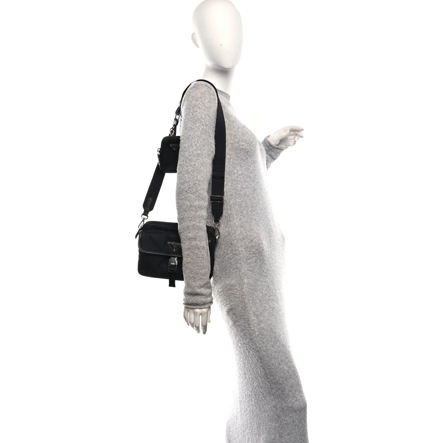Re-Nylon Saffiano Pocket Single Snap Buckle Shoulder Bag Black - Image 2