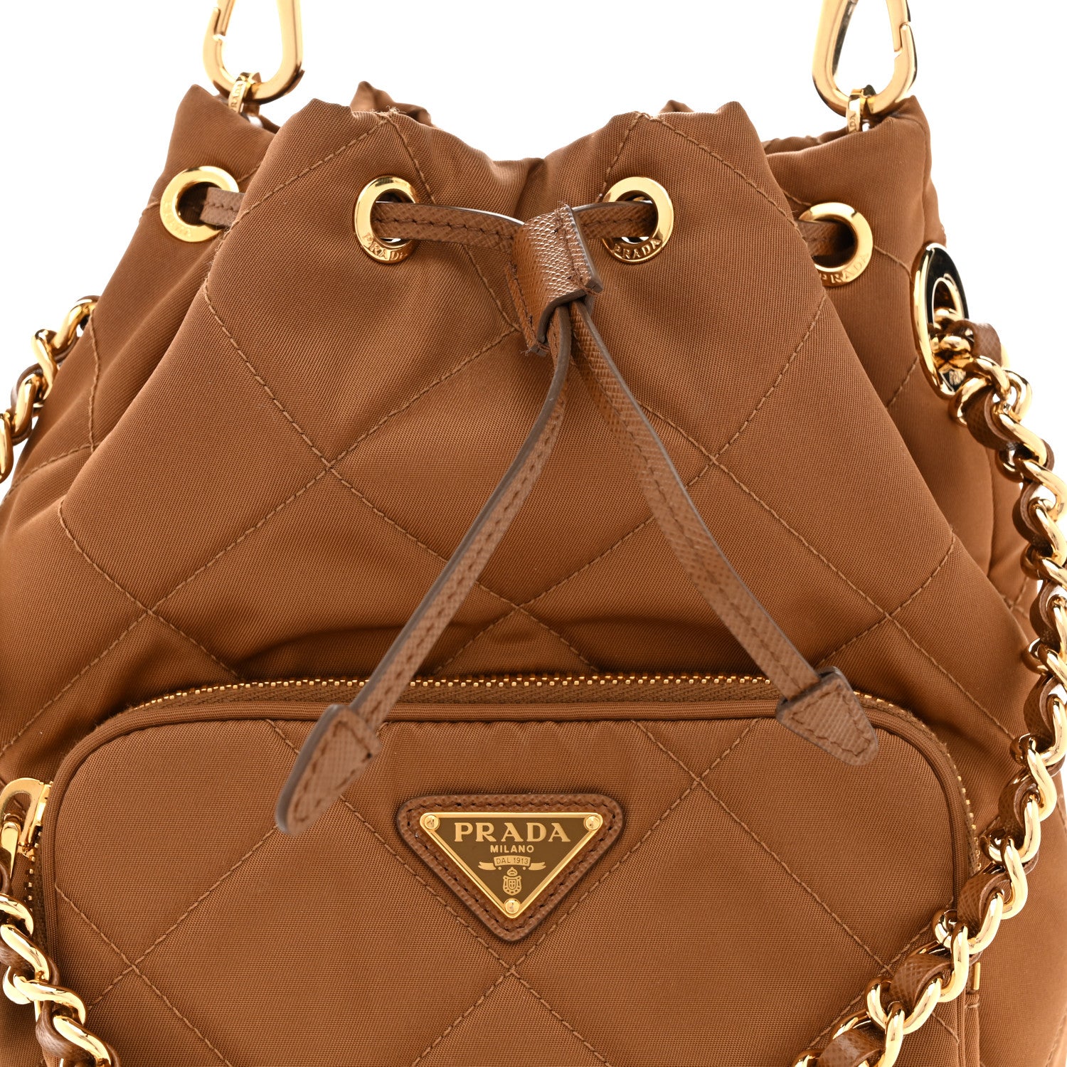 Re-Nylon Saffiano Stitched Re-Edition 1995 Chaine Drawstring Bucket Bag Brandy - Image 8