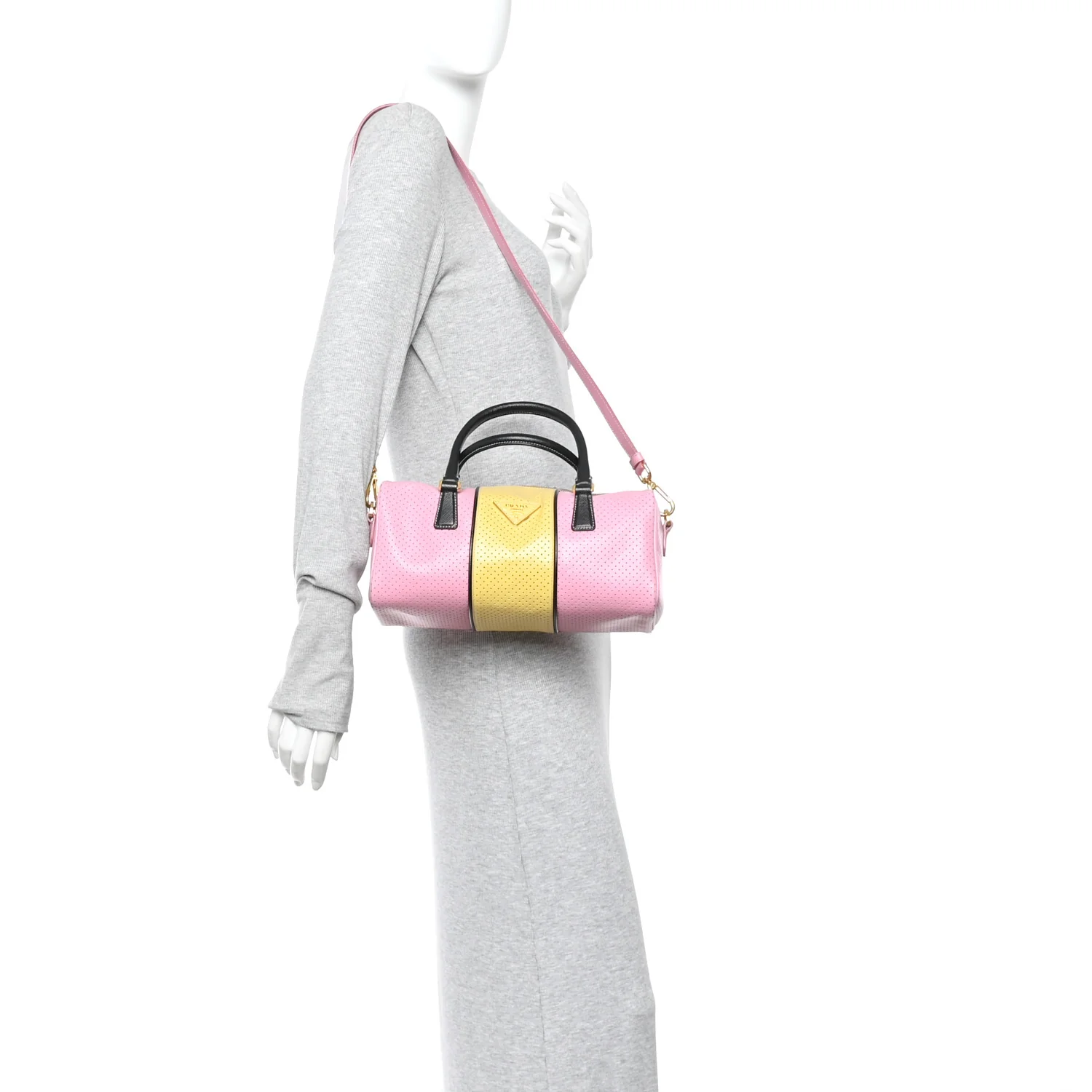 Saffiano Perforated Striped Shoulder Bag Pink Yellow Black - Image 2