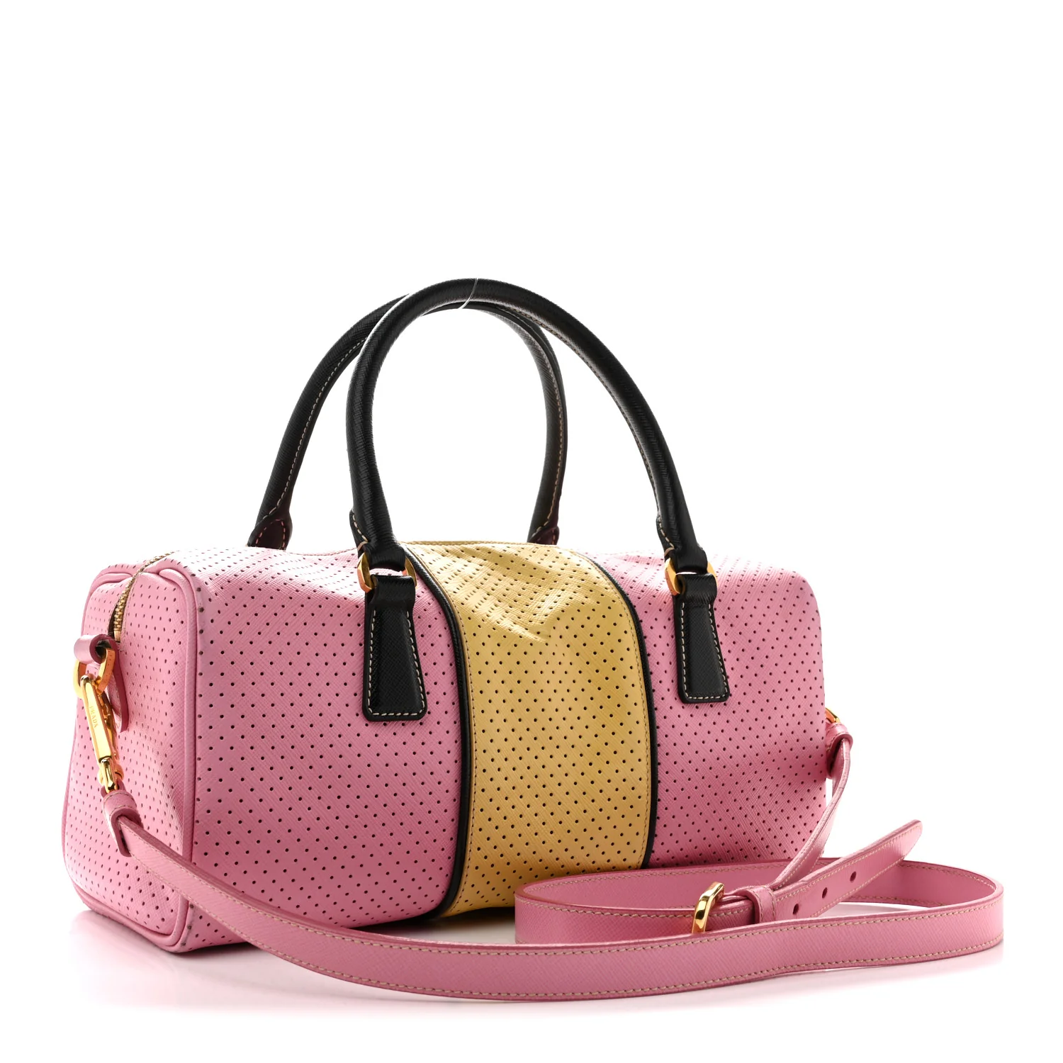 Saffiano Perforated Striped Shoulder Bag Pink Yellow Black - Image 3
