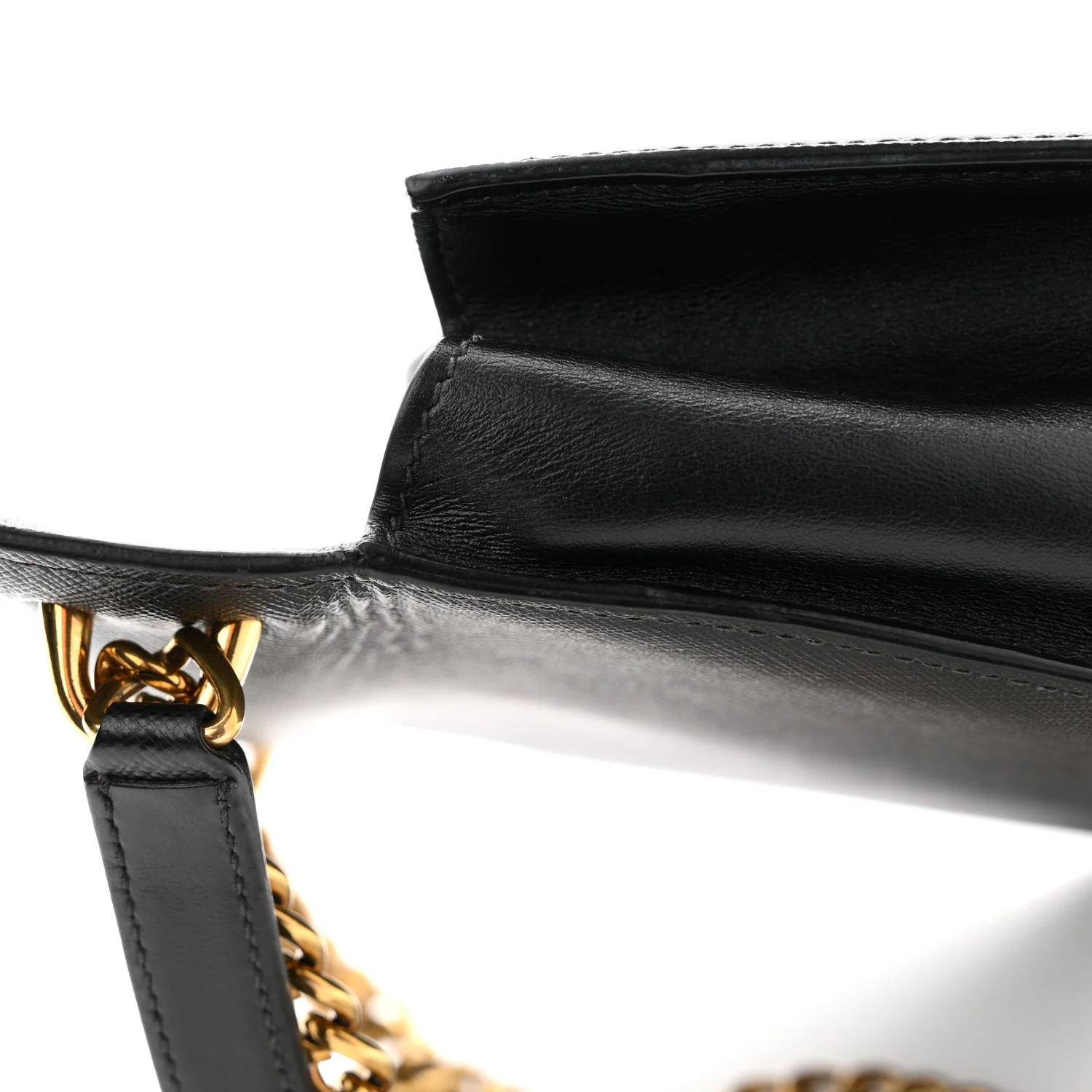 Saffiano Soft Calfskin Metal Triangle Logo Envelope Chain Shoulder Bag Black - Image 11