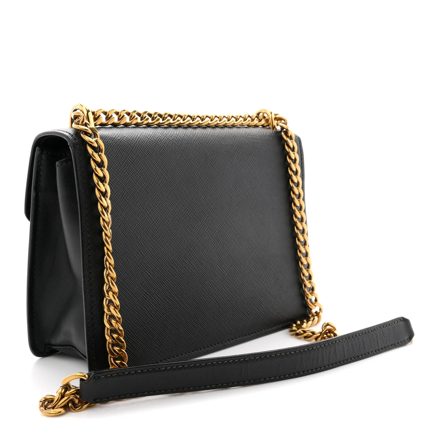 Saffiano Soft Calfskin Metal Triangle Logo Envelope Chain Shoulder Bag Black - Image 3