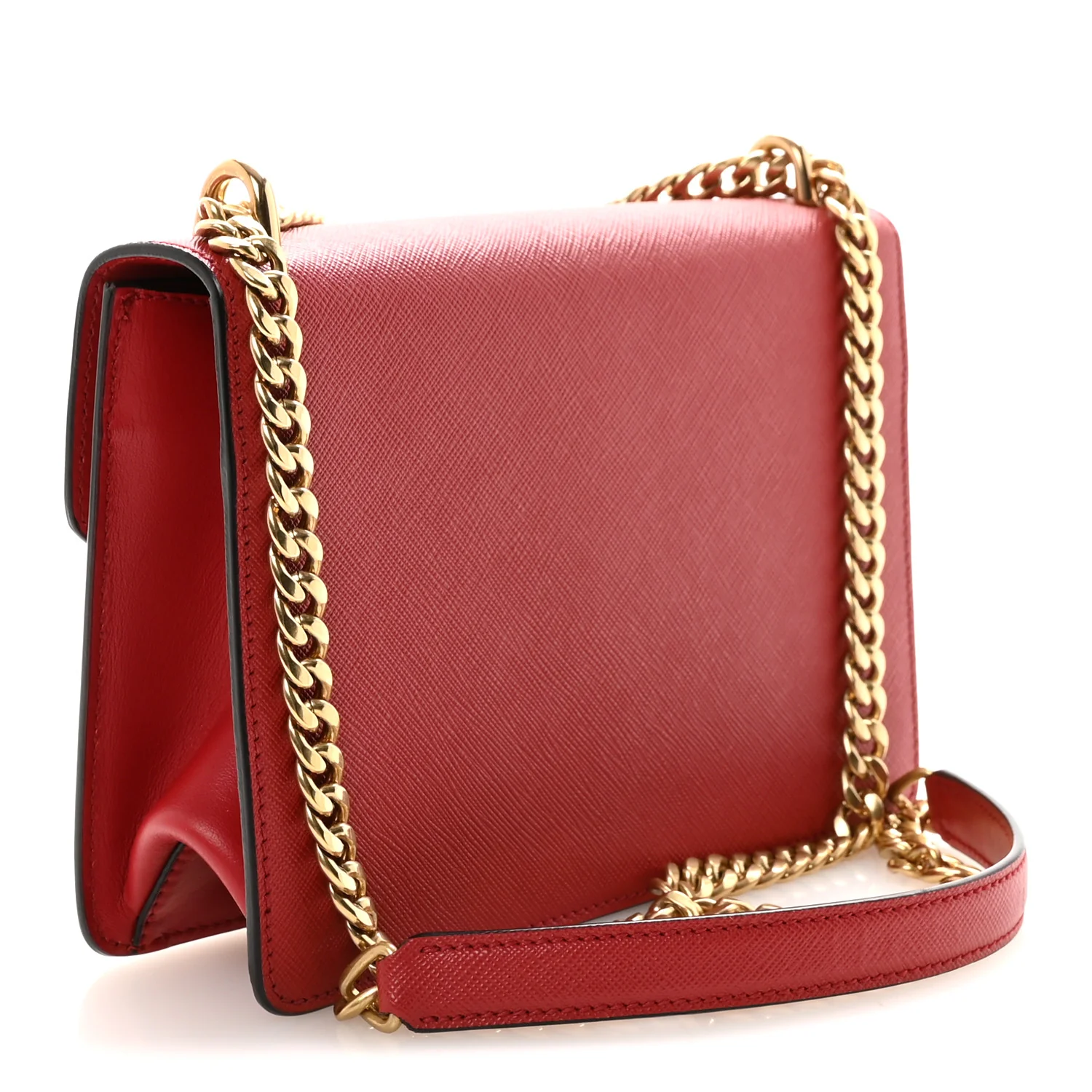 Saffiano Soft Calfskin Metal Triangle Logo Envelope Chain Shoulder Bag Fuoco - Image 3