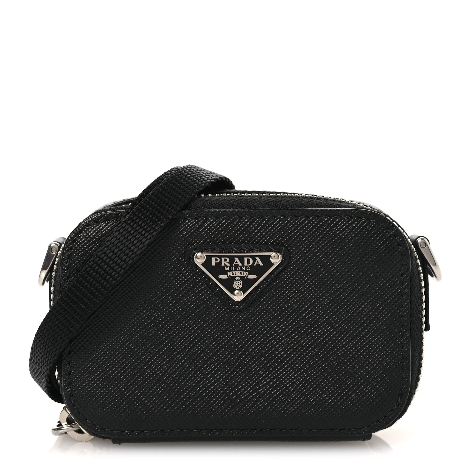 Saffiano Travel Metal Triangle Logo Mini Pouch Shoulder Bag Black