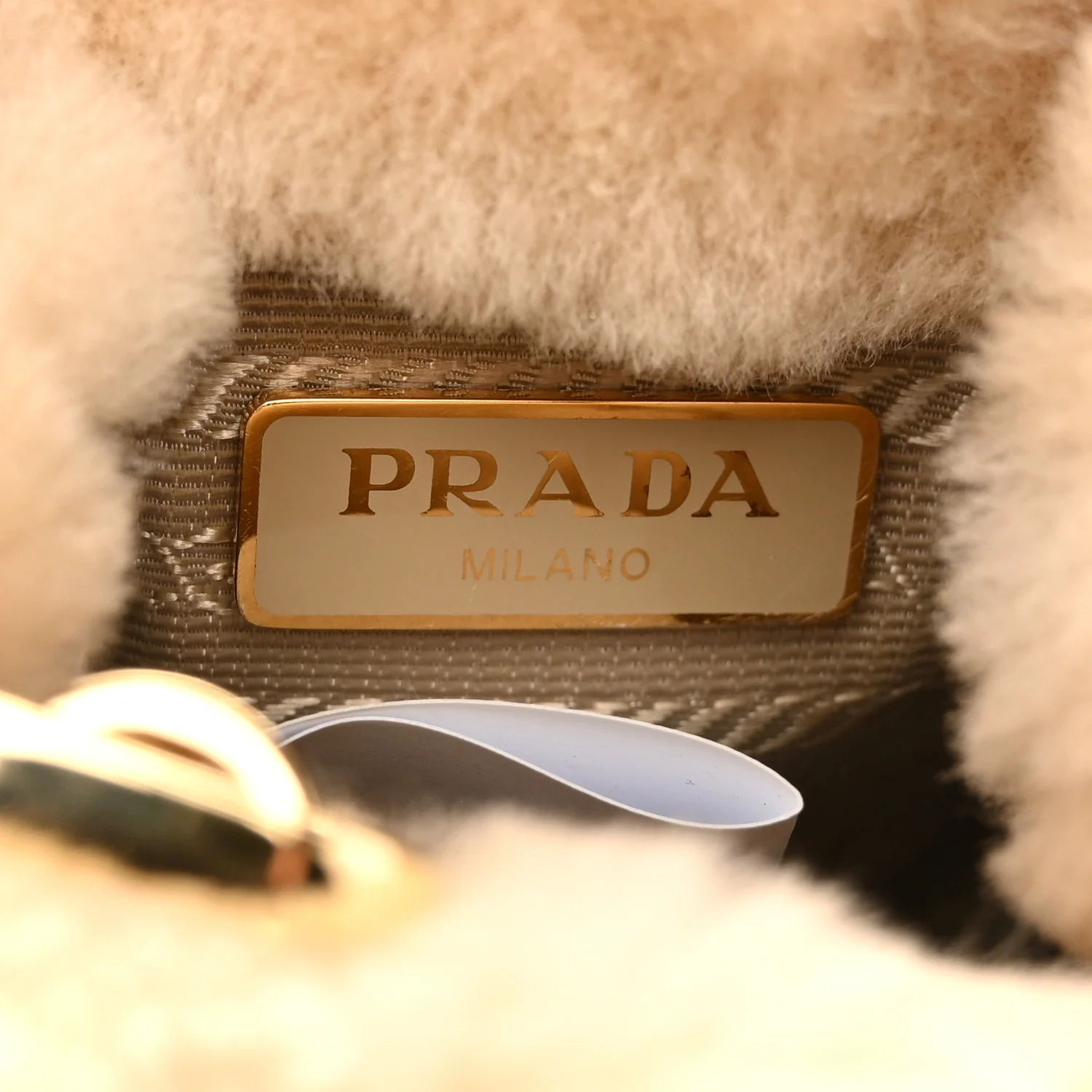 Shearling Metal Triangle Logo Mini Drawcord Pouch Shoulder Bag Ecru - Image 6