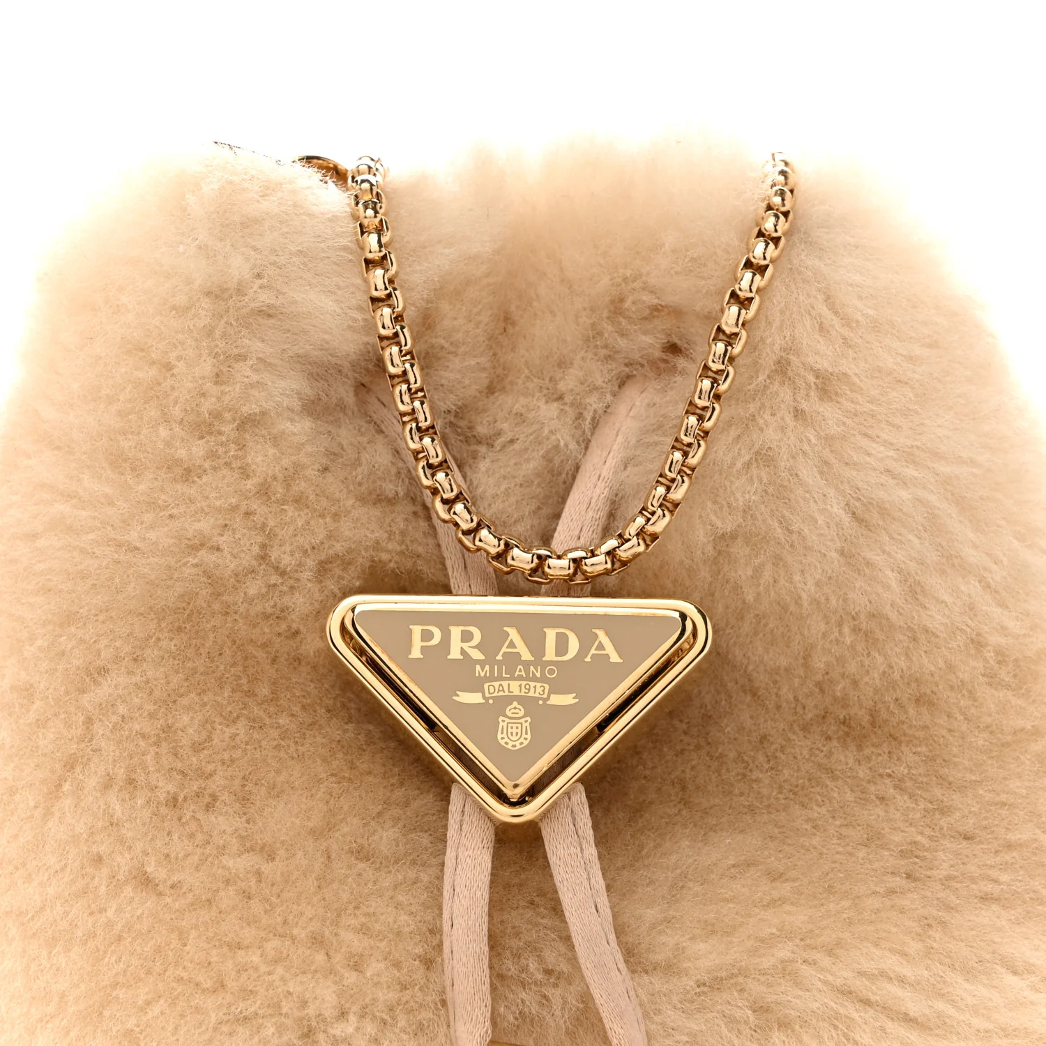 Shearling Metal Triangle Logo Mini Drawcord Pouch Shoulder Bag Ecru - Image 8