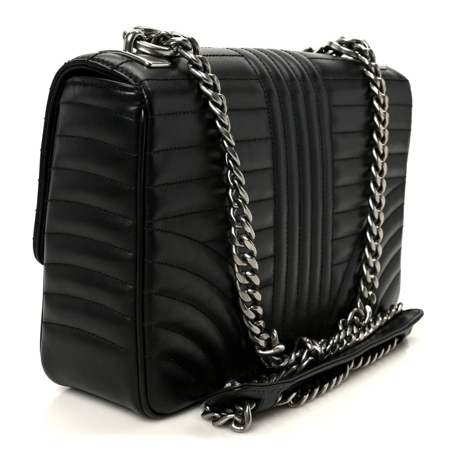 Soft Calfskin Impunture Diagramme Large Chain Flap Shoulder Bag Black - Image 3