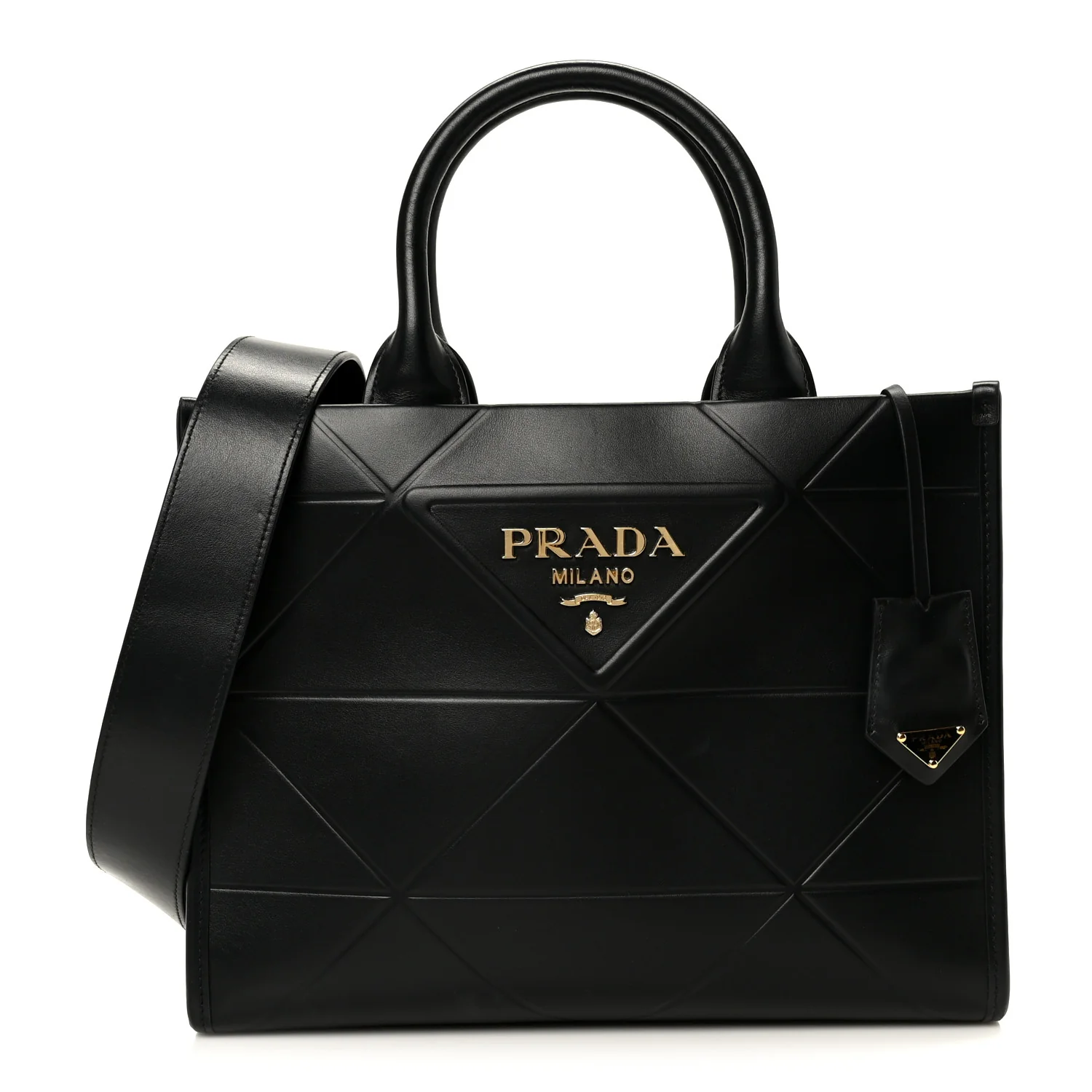 Soft Calfskin Triangolo Symbole Embossed Small Tote Black