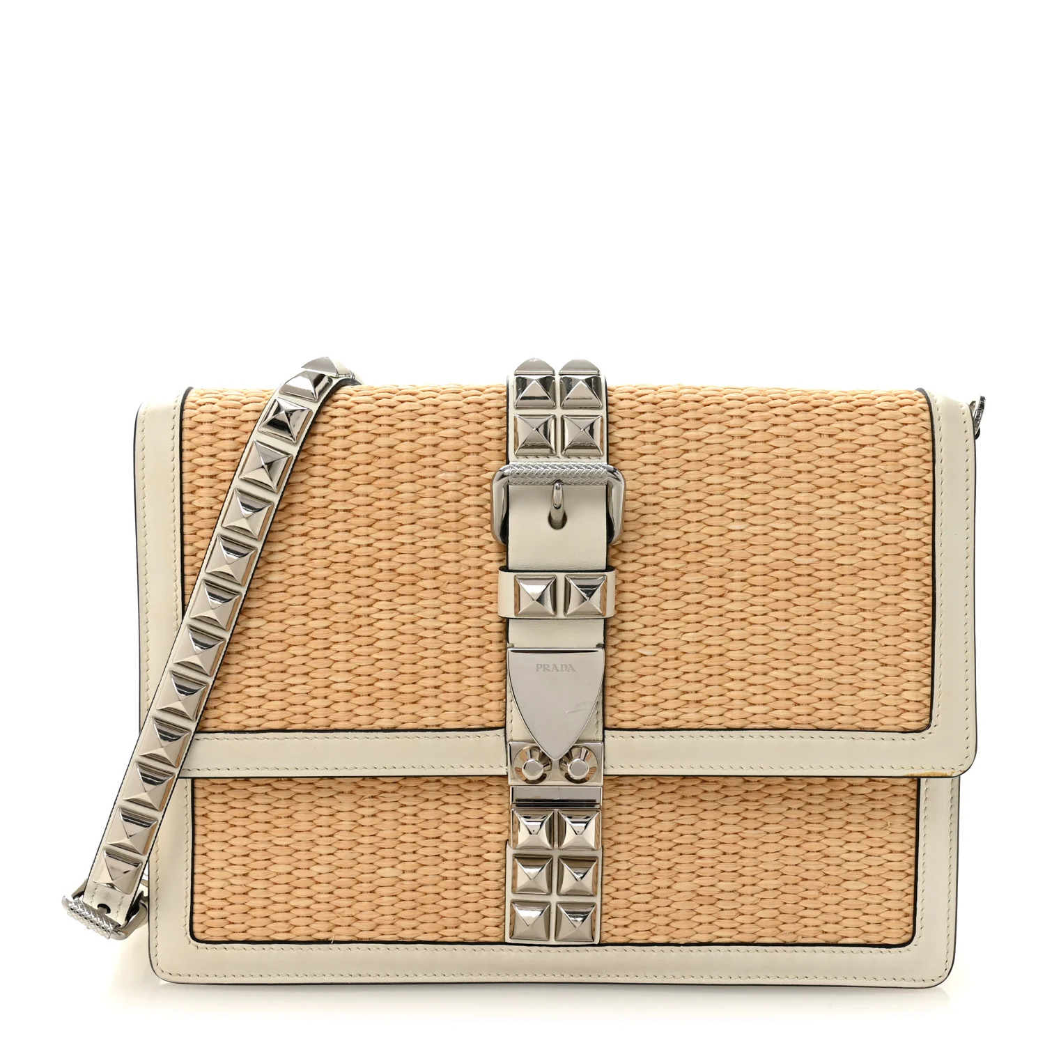 Straw Studded Small Elektra Shoulder Bag White