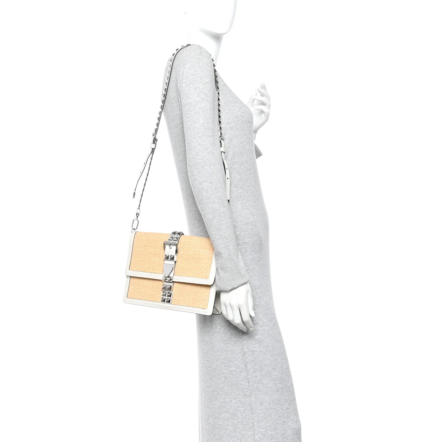 Straw Studded Small Elektra Shoulder Bag White - Image 2