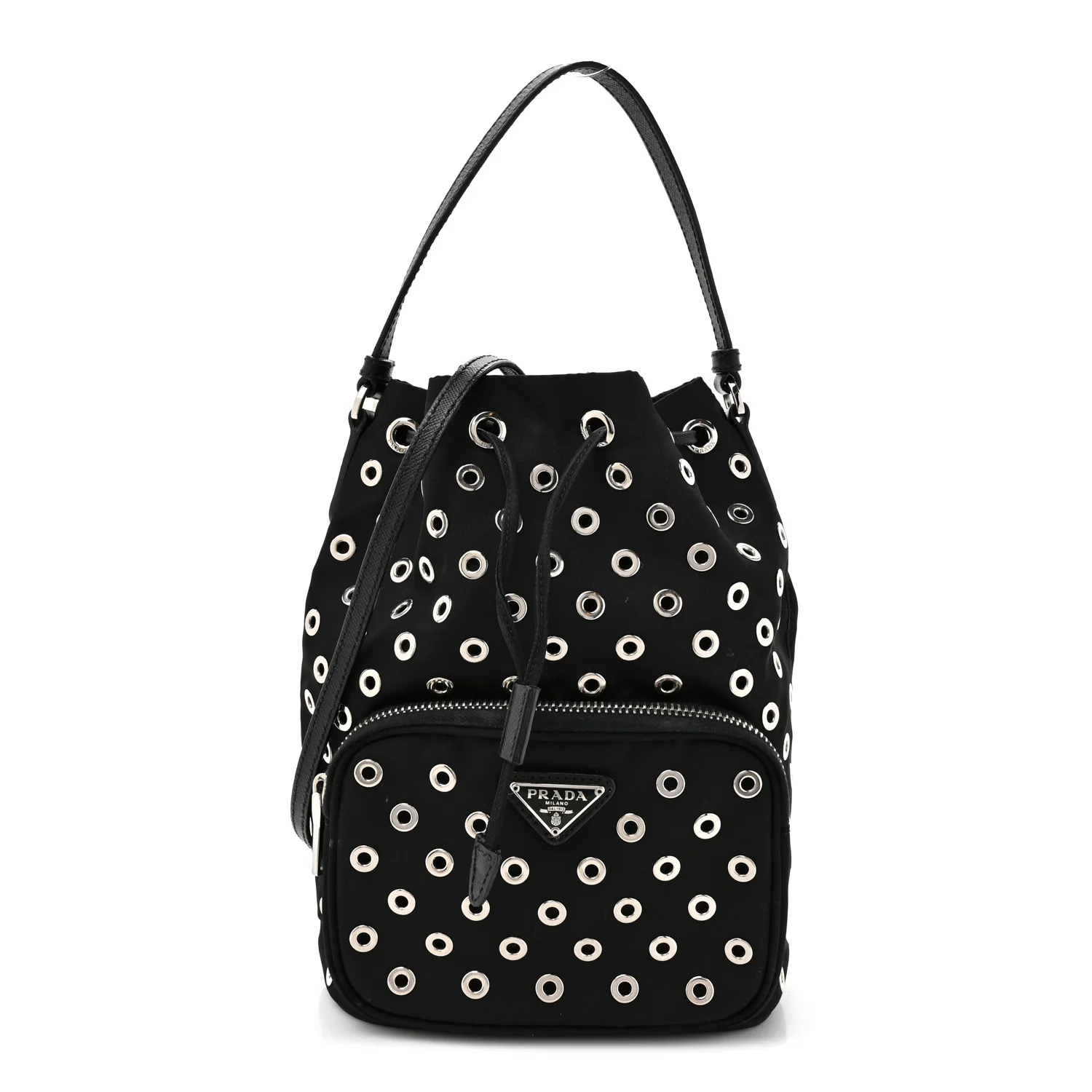 Tessuto Nylon Saffiano Grommets Mini Bucket Crossbody Bag Black