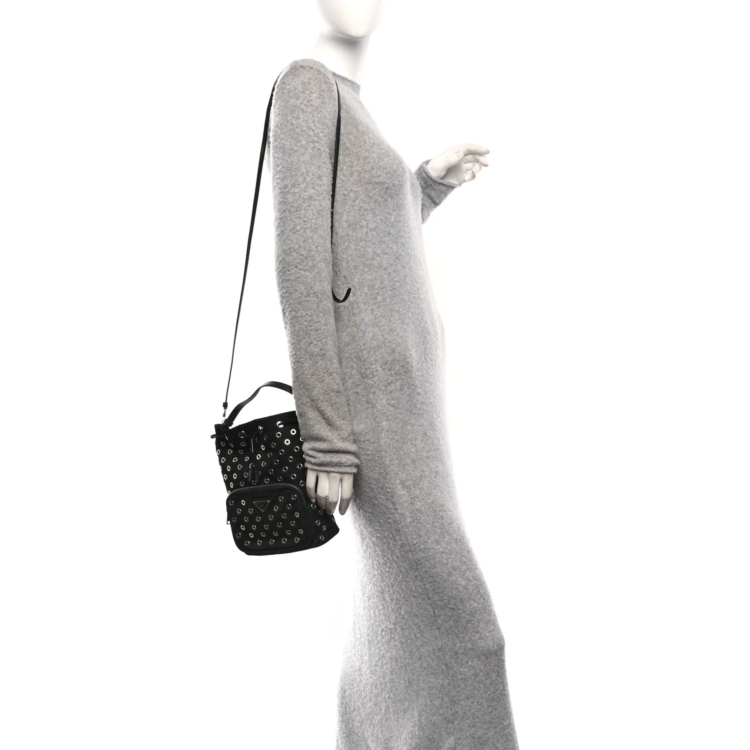 Tessuto Nylon Saffiano Grommets Mini Bucket Crossbody Bag Black - Image 2