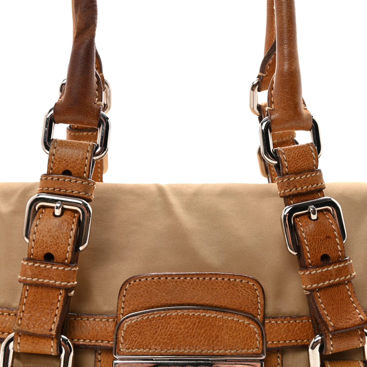 Tessuto Nylon Vitello Foldover Pushlock Satchel Beige - Image 8