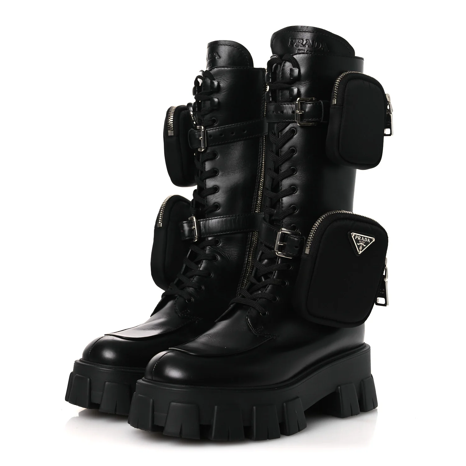 Vitello Lux Nylon Metal Triangle Logo Monolith Pouch Pocket 55mm Tall Combat Boots 38.5 Black - Image 4
