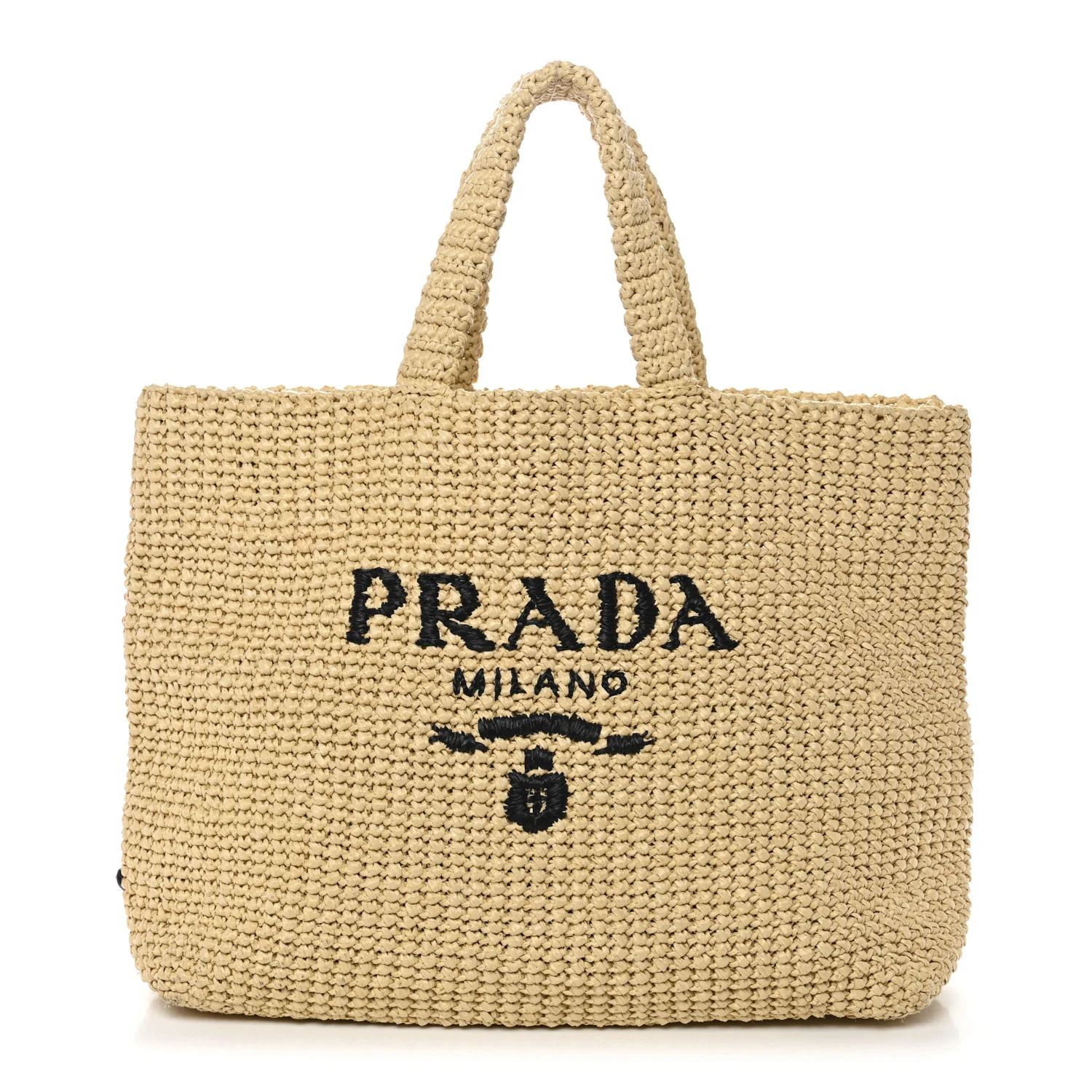 Yarn Raffia Effect Crochet Embroidered Logo Tote Naturale