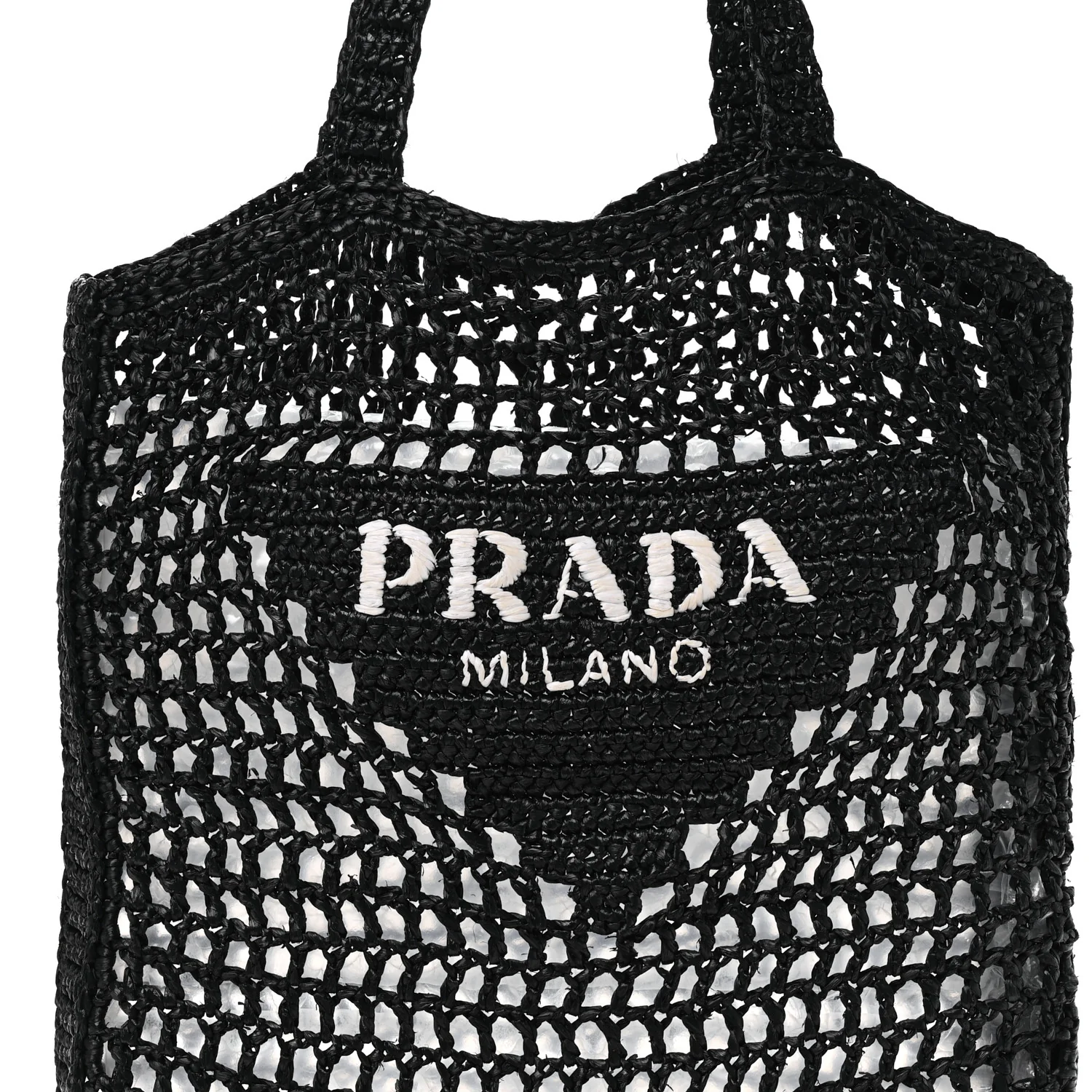 Yarn Raffia Effect Crochet Logo Embroidered Tote Bag Black - Image 7