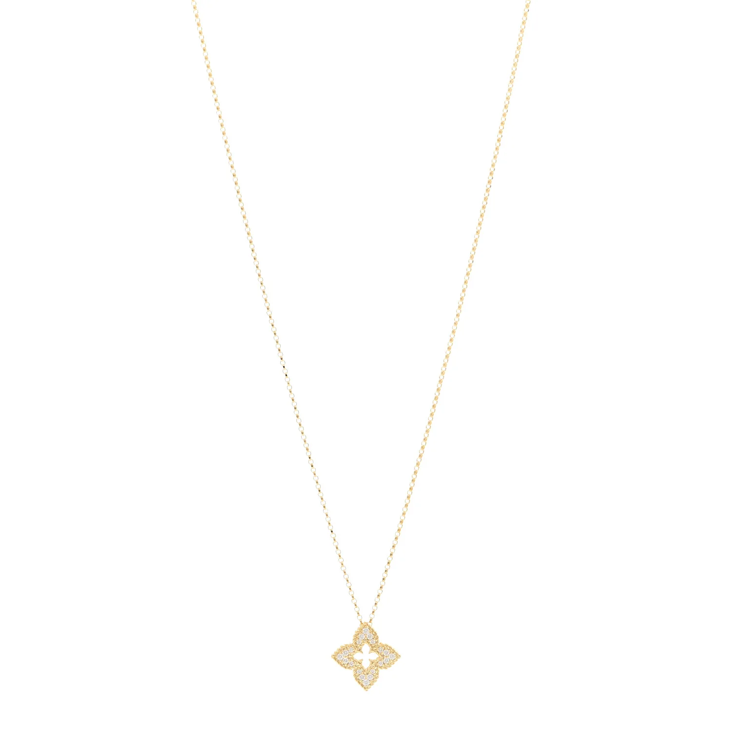 18K Yellow Gold Diamond Small Venetian Princess Flower Pave Pendant Necklace
