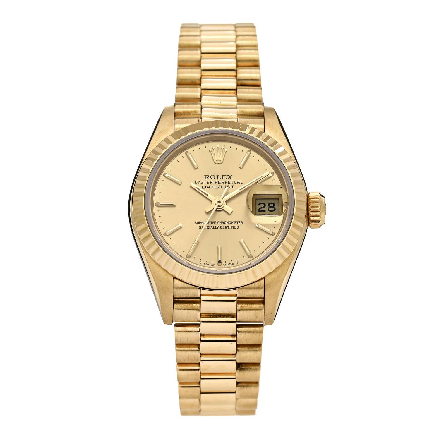 18K Yellow Gold 26mm Oyster Perpetual Datejust President Watch Champagne 69178