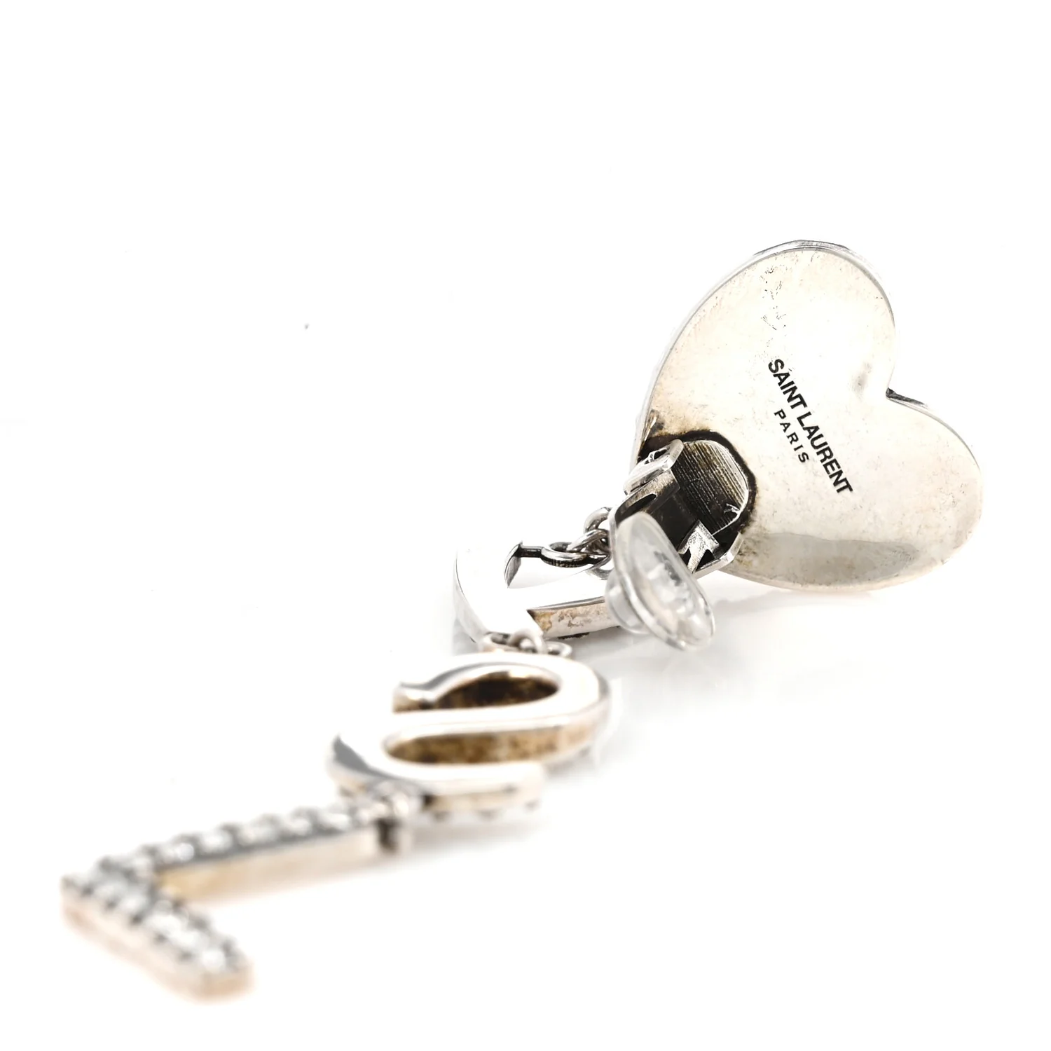 Brass Crystal Monogram Heart Drop Clip Earrings Silver - Image 4