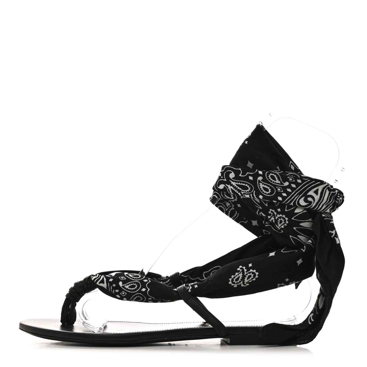 Calfskin Cotton Paisley Print Flat Sandals 37.5 Black