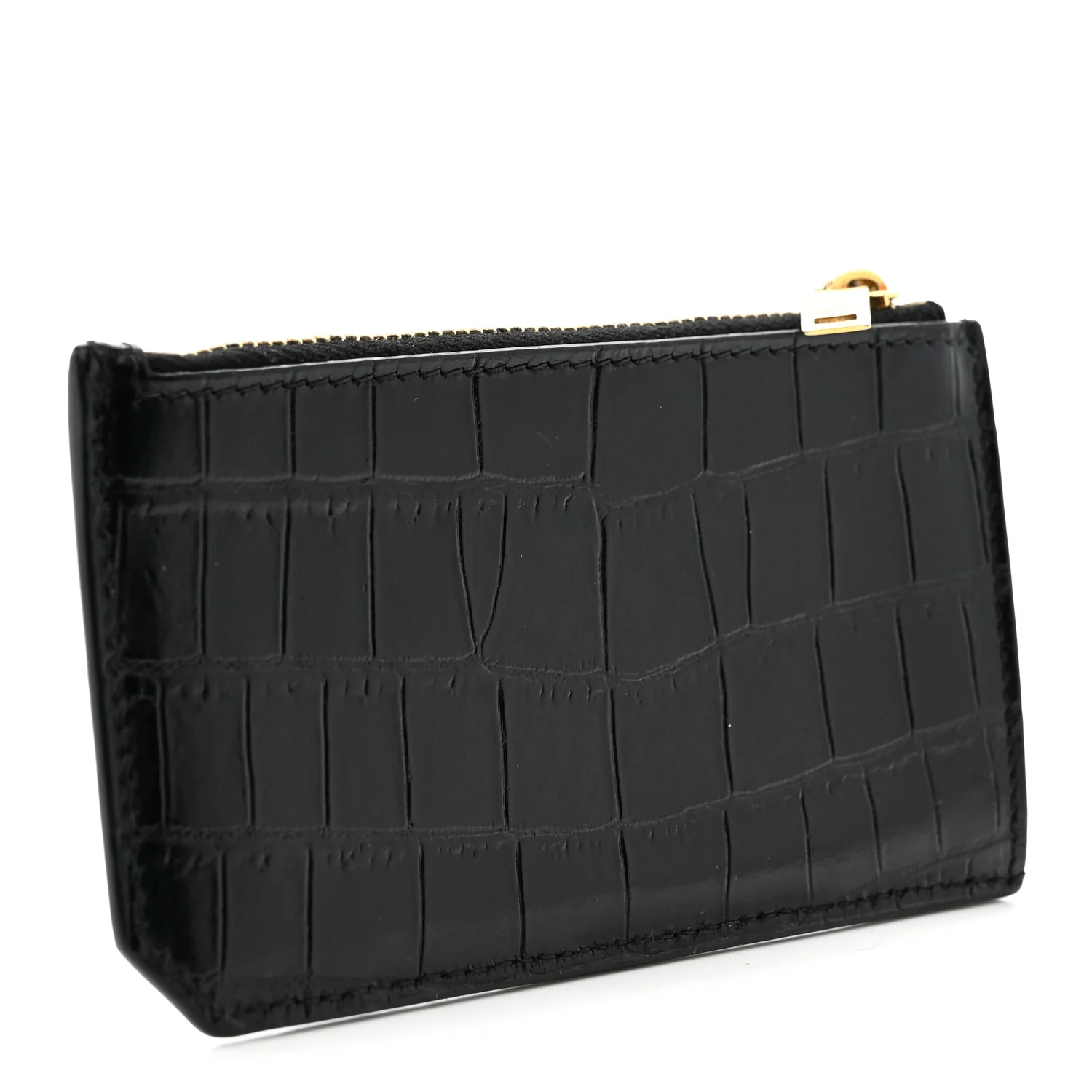 Calfskin Crocodile Embossed 5 Fragments Zip Pouch Card Holder Black - Image 3