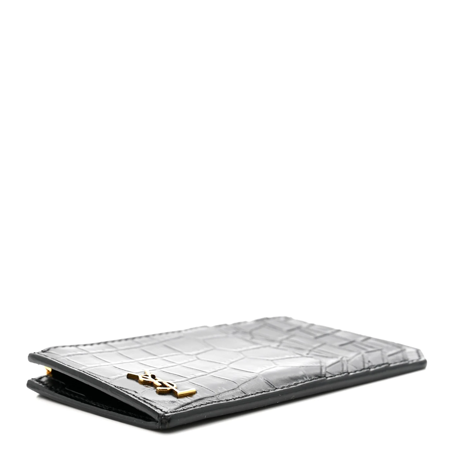 Calfskin Crocodile Embossed 5 Fragments Zip Pouch Card Holder Black - Image 4