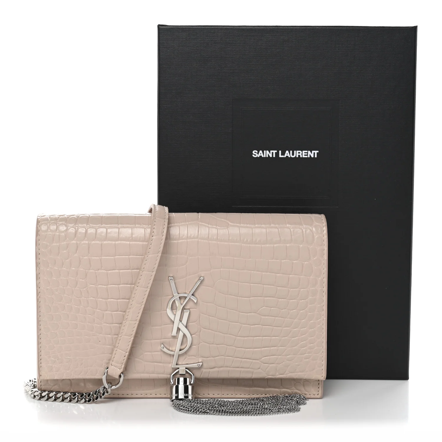 Calfskin Crocodile Embossed Kate Monogram Tassel Chain Wallet Marble Pink - Image 13