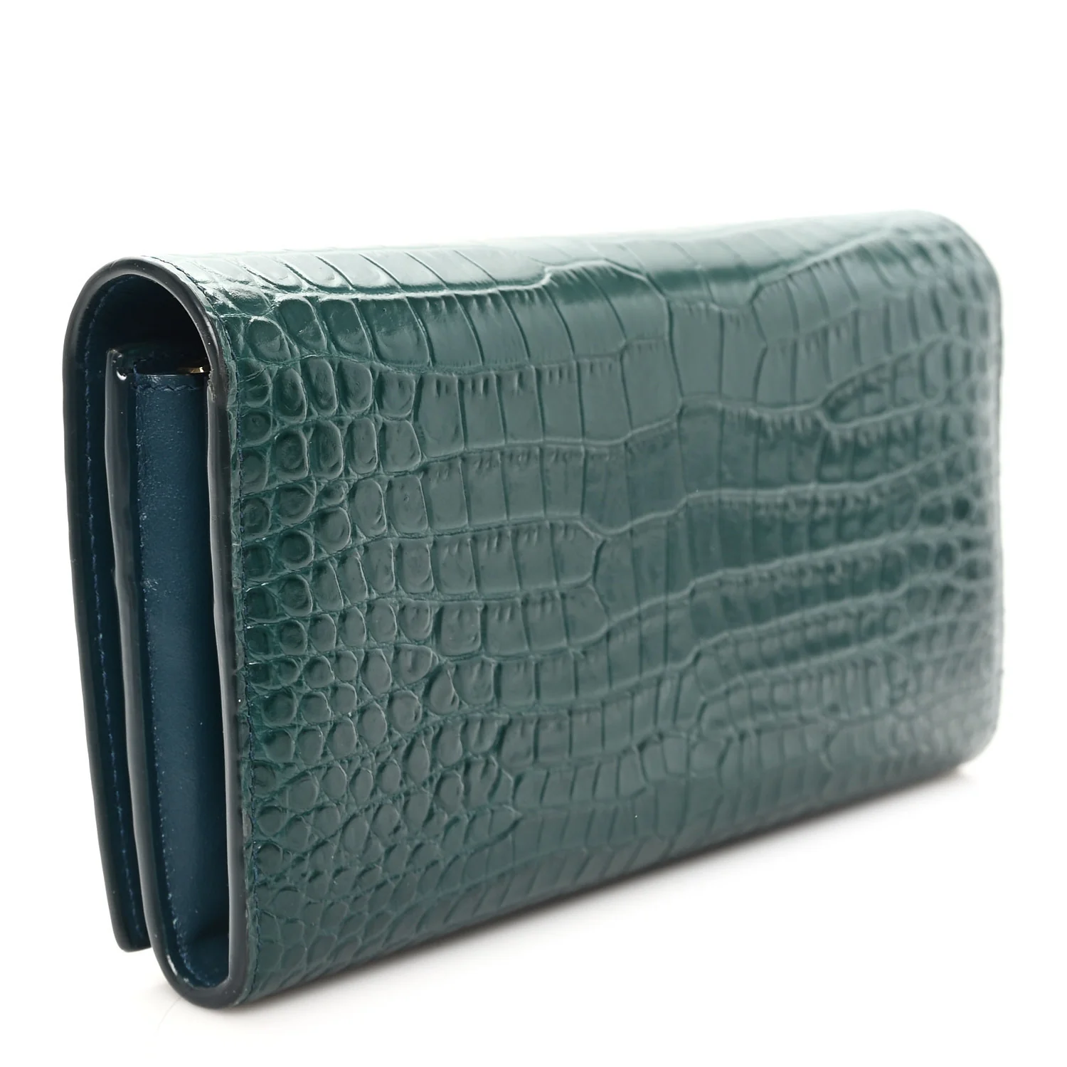 Calfskin Crocodile Embossed Large Monogram Flap Wallet Green - Image 3