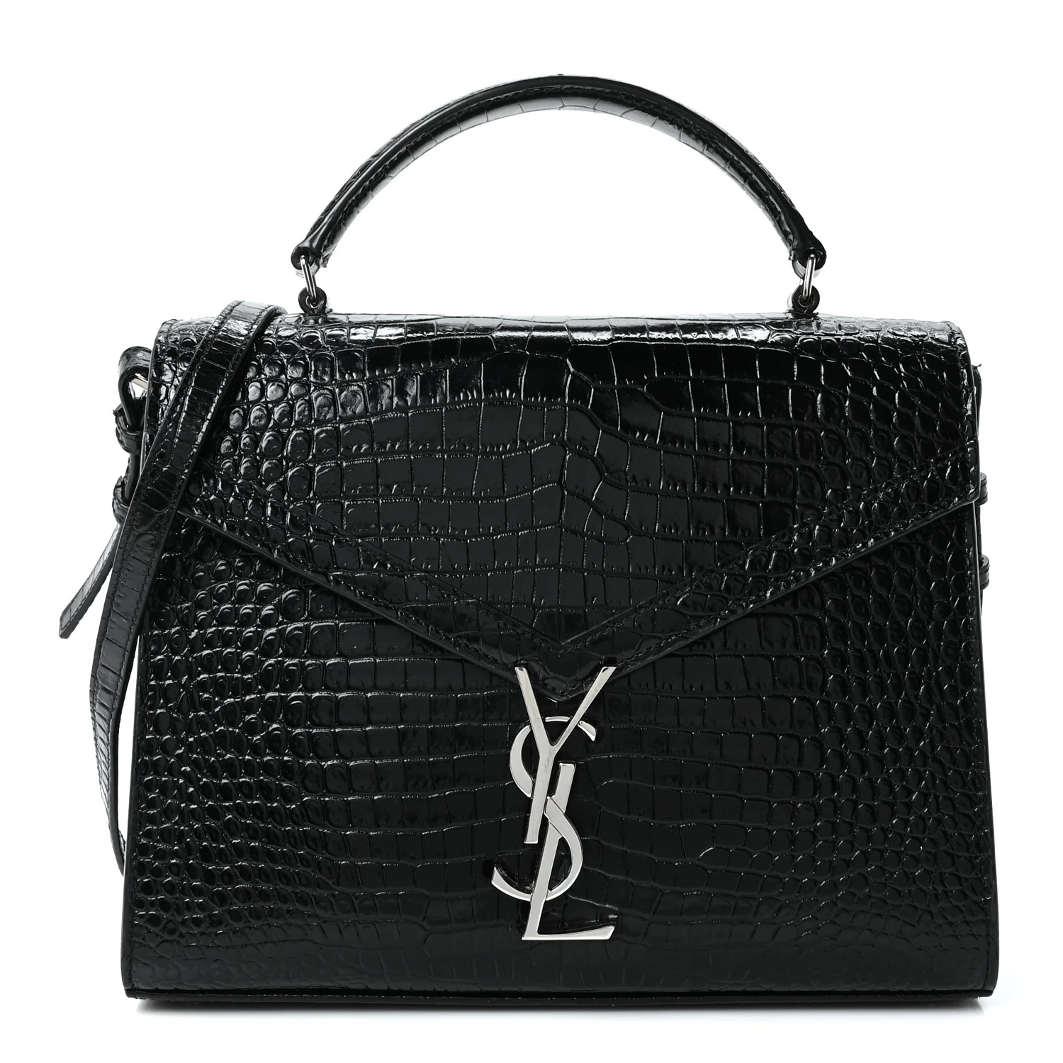 Calfskin Crocodile Embossed Medium Classic Monogram Cassandra Top Handle Black Rouge Legion