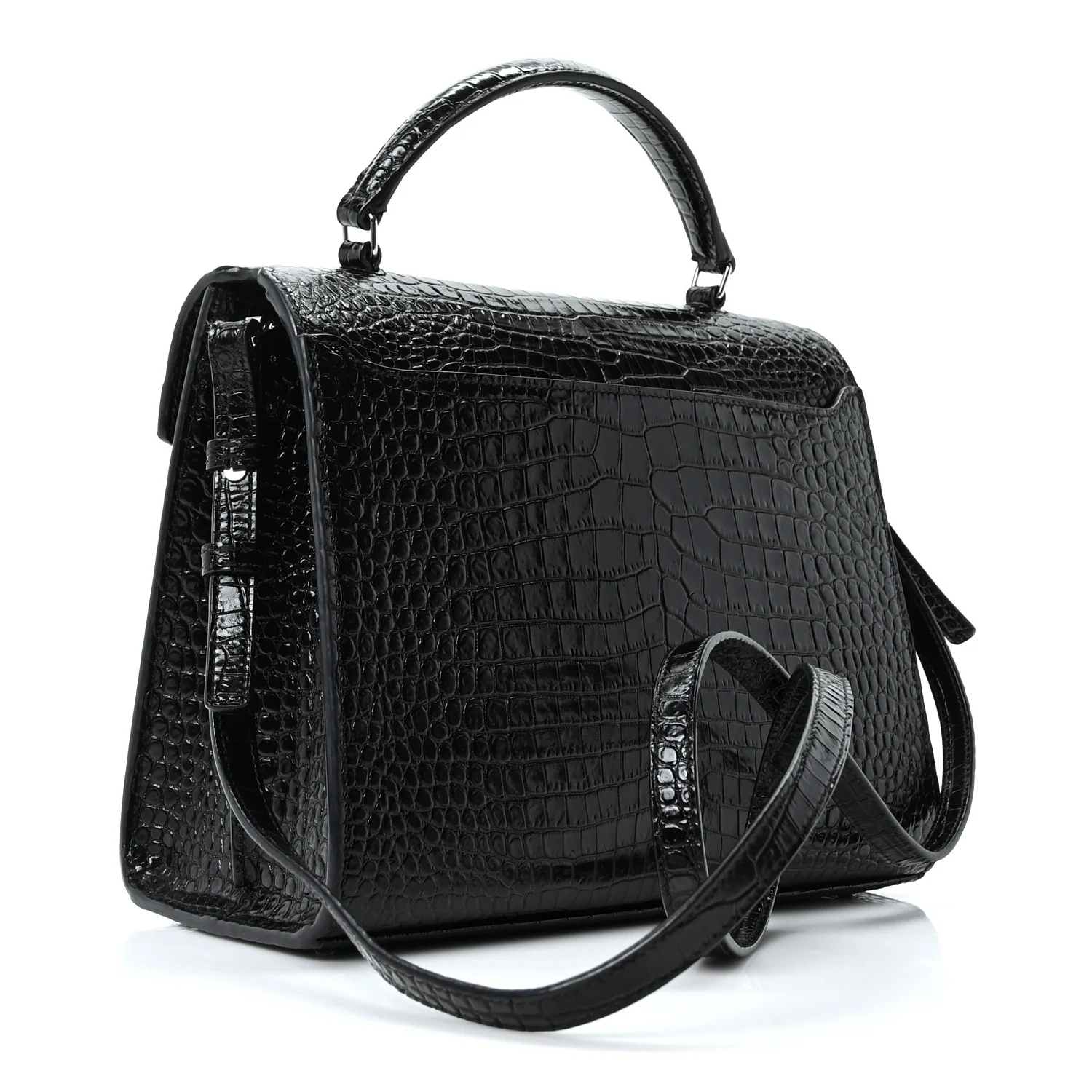 Calfskin Crocodile Embossed Medium Classic Monogram Cassandra Top Handle Black Rouge Legion - Image 3