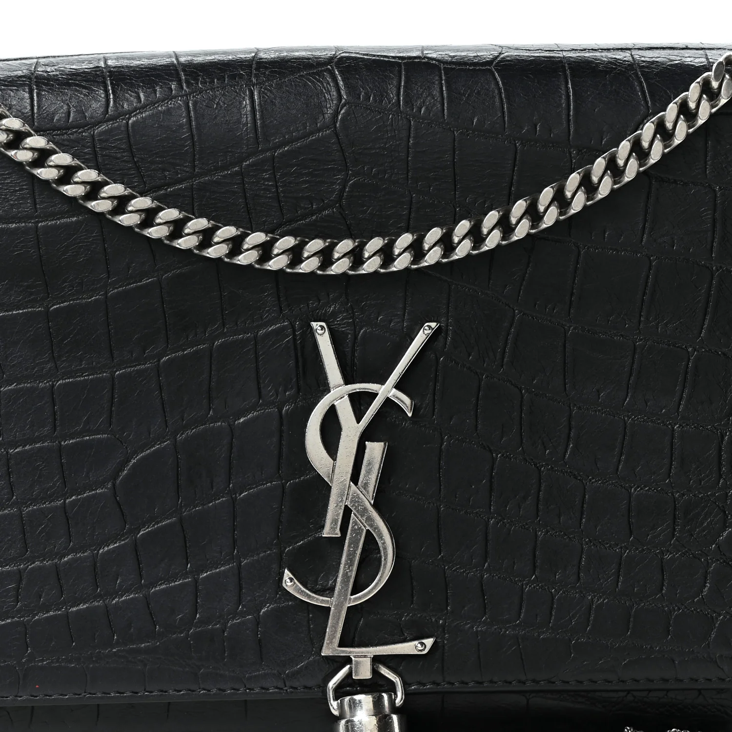 Calfskin Crocodile Embossed Medium Classic Monogram Kate Tassel Satchel Black - Image 8