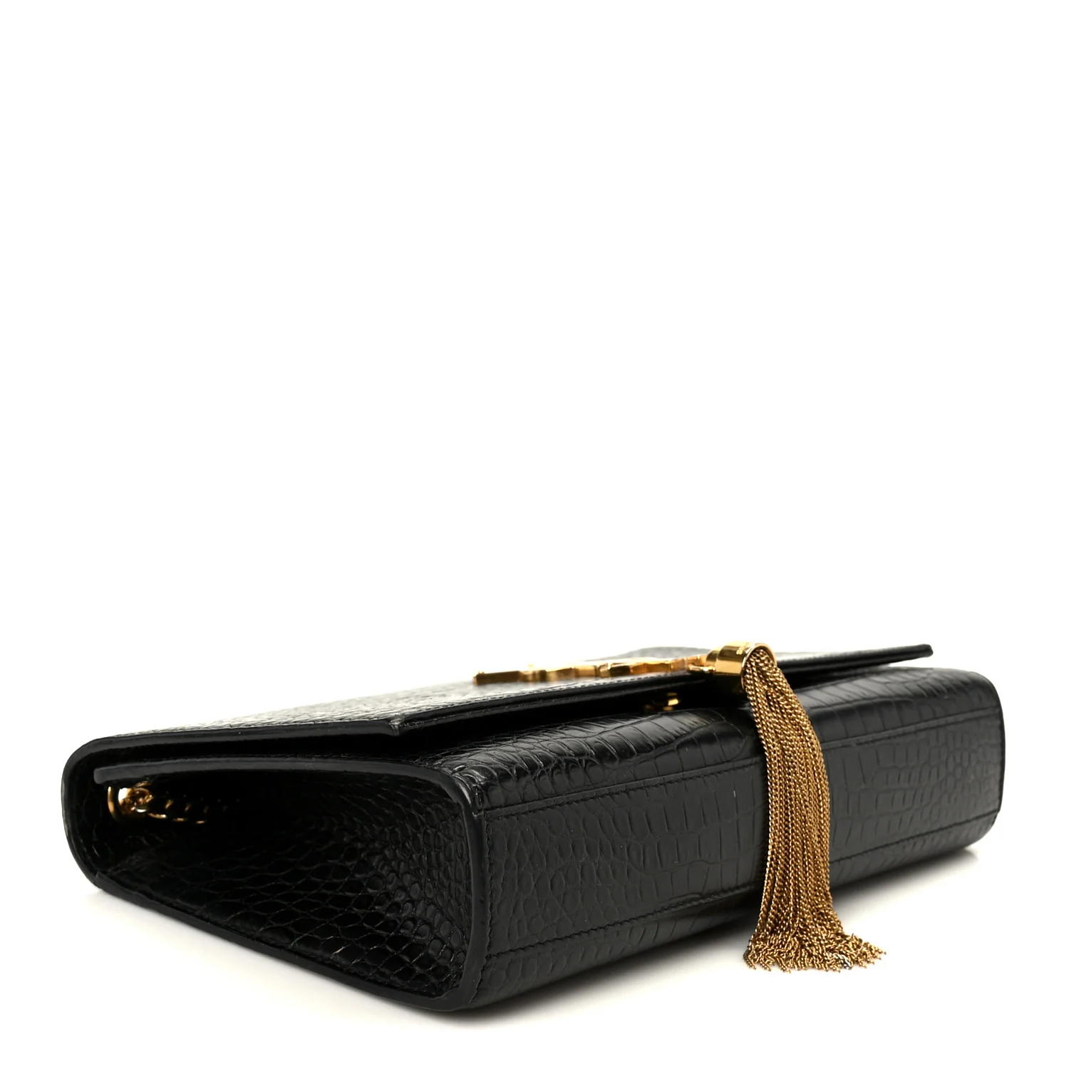 Calfskin Crocodile Embossed Medium Classic Monogram Kate Tassel Satchel Black - Image 3