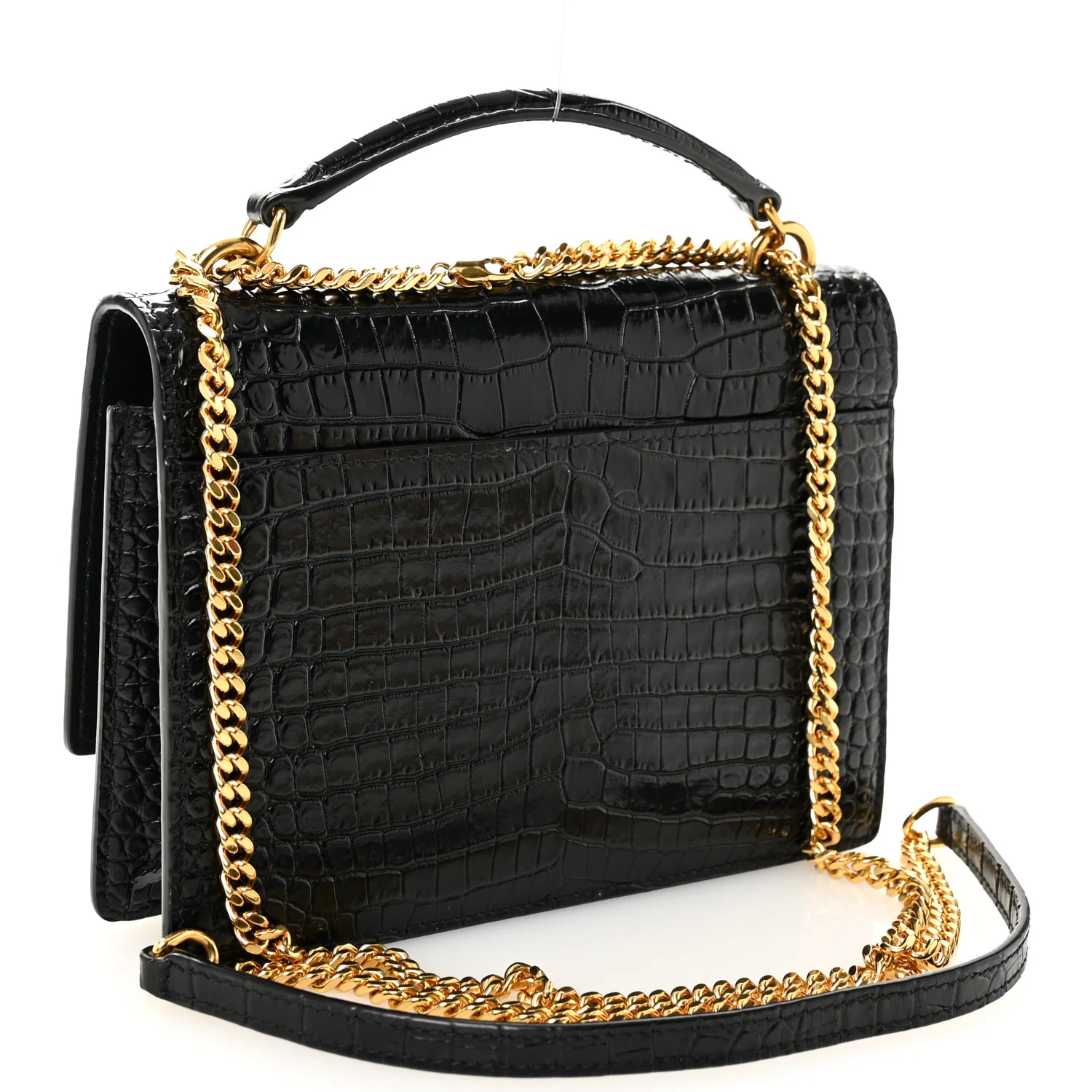 Calfskin Crocodile Embossed Monogram Sunset Top Handle Chain Wallet Black - Image 3