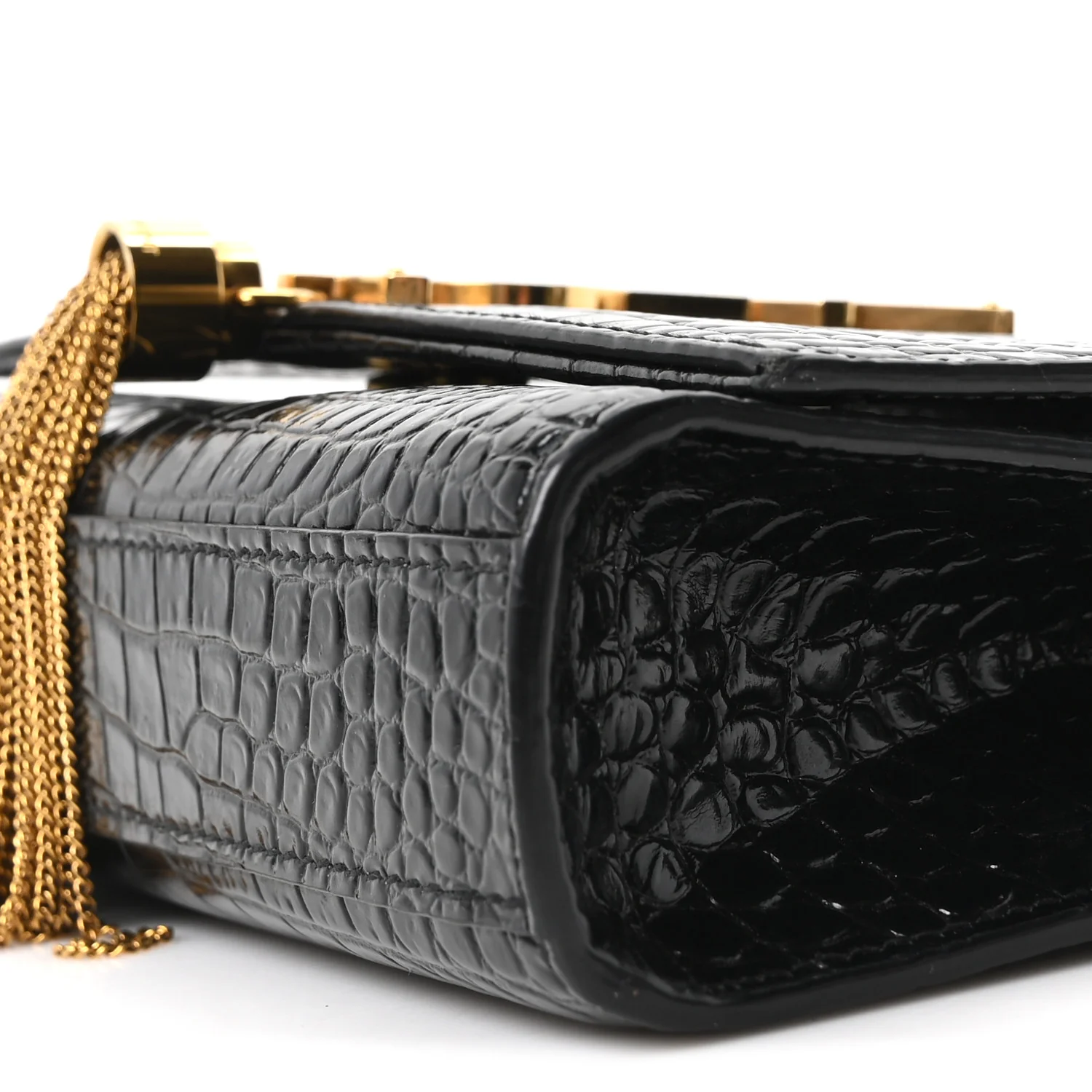 Calfskin Crocodile Embossed Small Classic Monogram Kate Tassel Satchel Black - Image 10