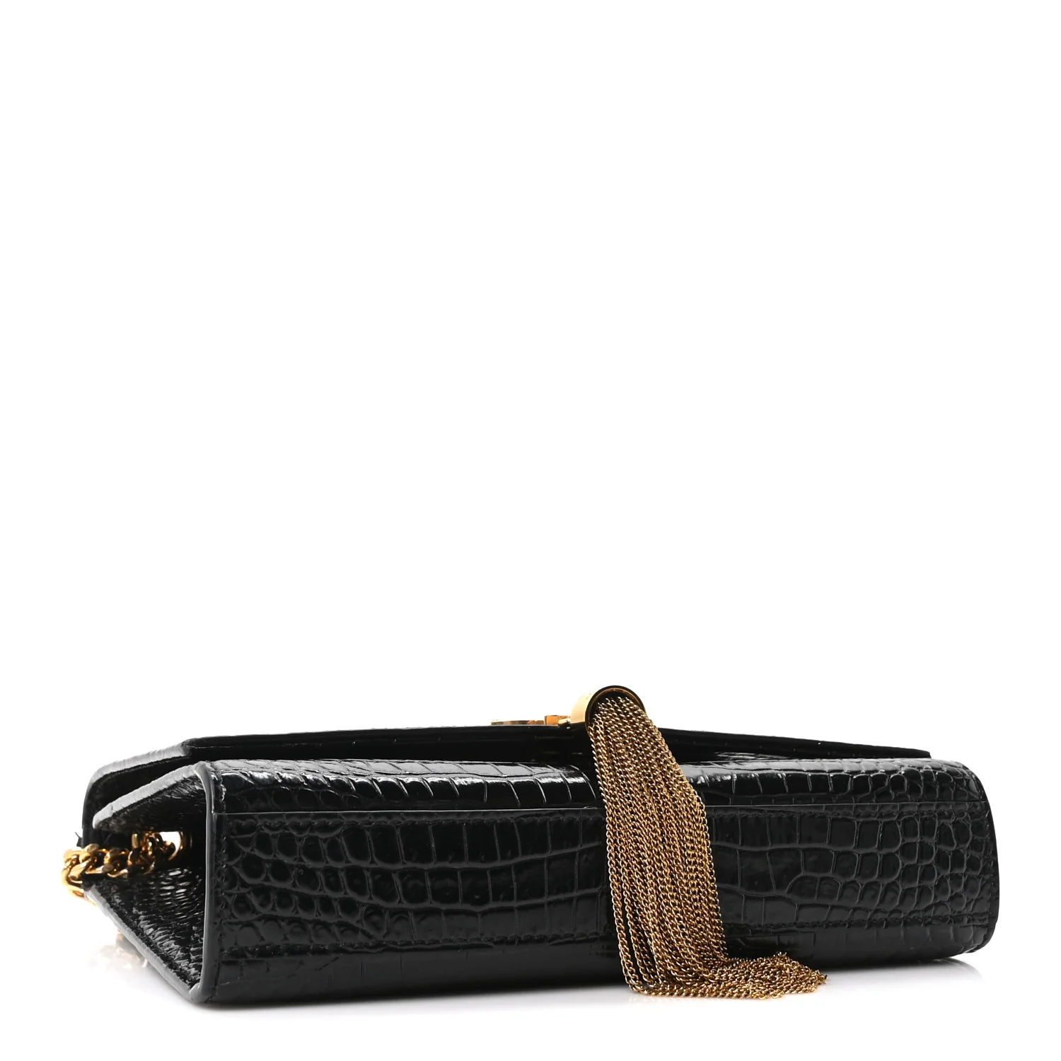 Calfskin Crocodile Embossed Small Classic Monogram Kate Tassel Satchel Black - Image 4