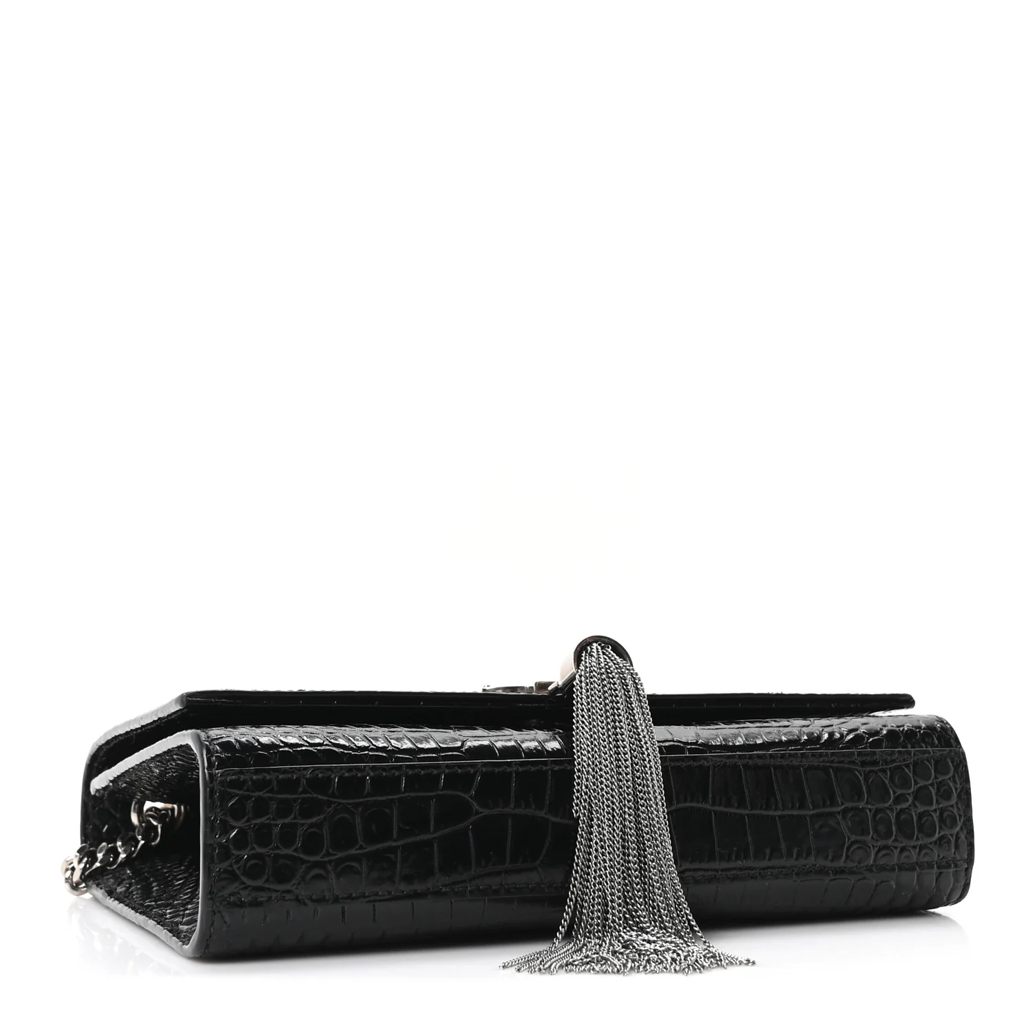 Calfskin Crocodile Embossed Small Classic Monogram Kate Tassel Satchel Black - Image 4