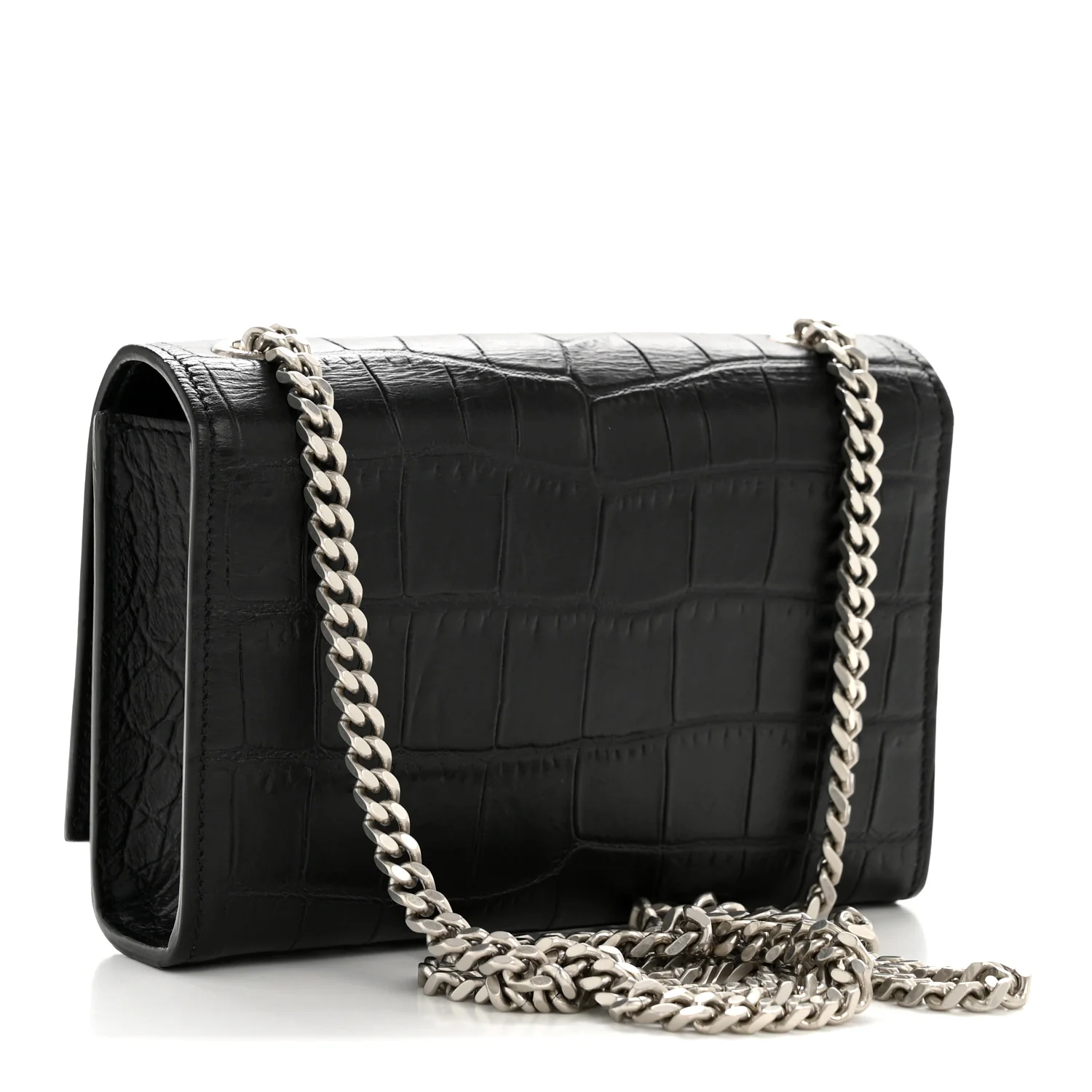 Calfskin Crocodile Embossed Small Classic Monogram Kate Tassel Satchel Black - Image 3