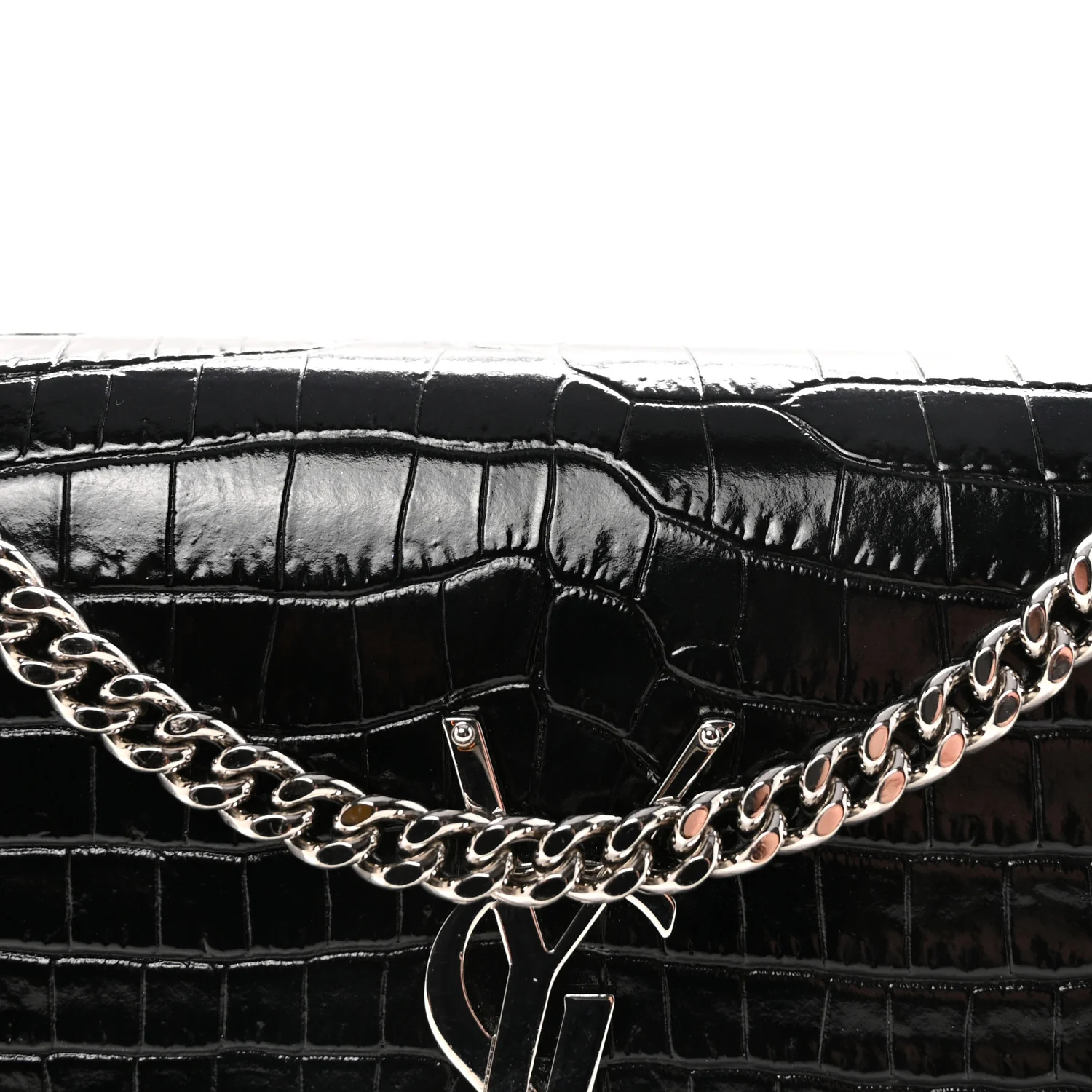 Calfskin Crocodile Embossed Small Classic Monogram Kate Tassel Satchel Black - Image 7