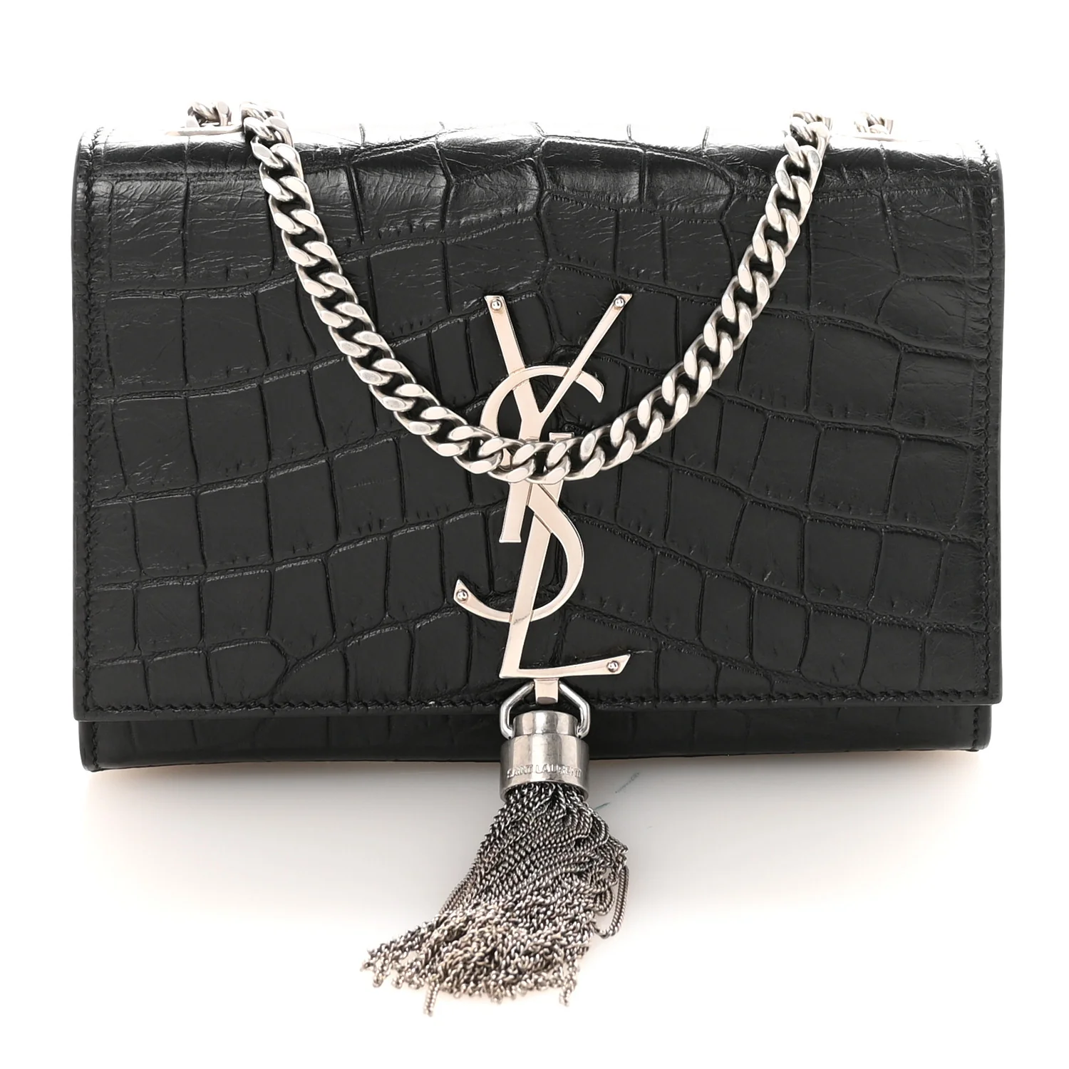 Calfskin Crocodile Embossed Small Classic Monogram Kate Tassel Satchel Black