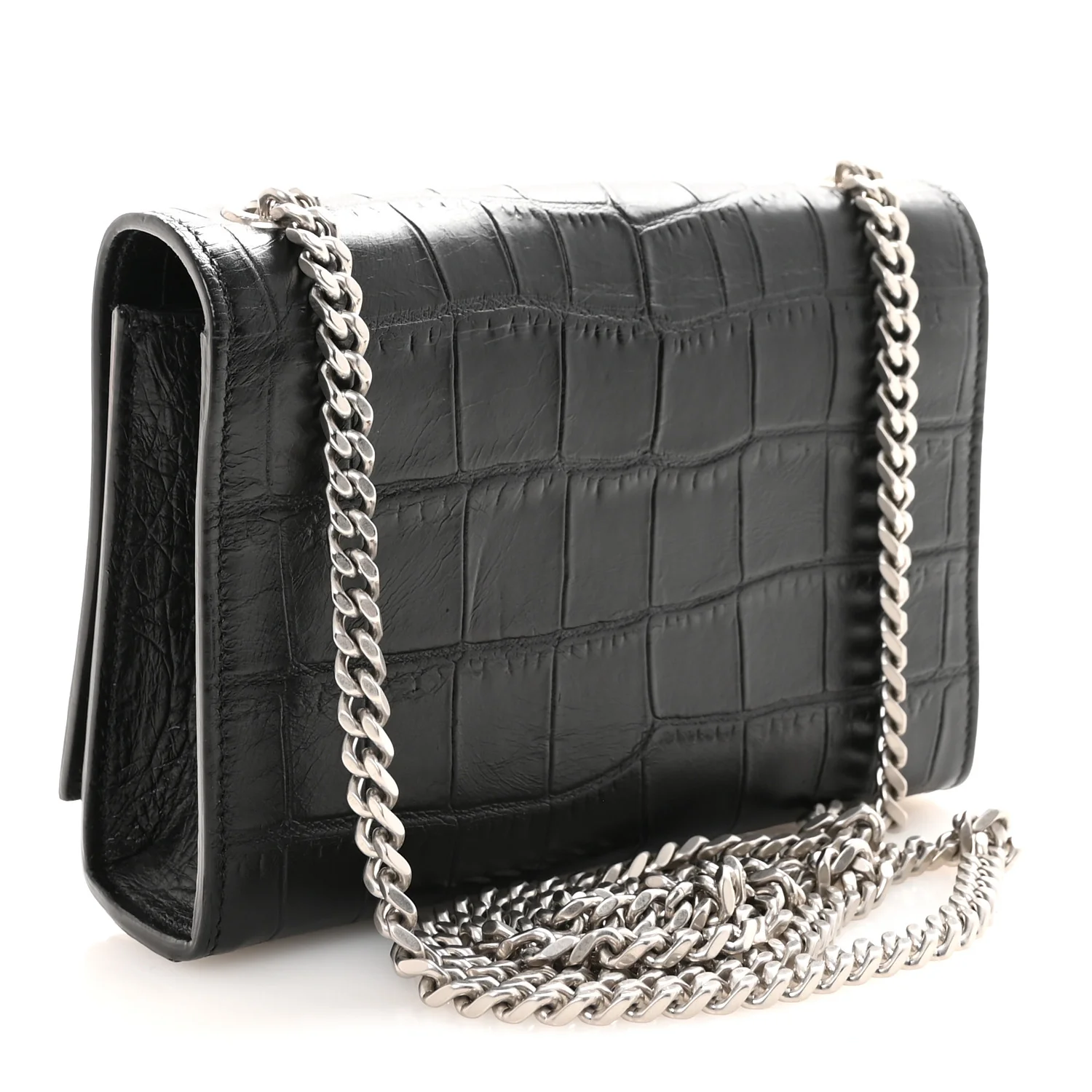 Calfskin Crocodile Embossed Small Classic Monogram Kate Tassel Satchel Black - Image 3
