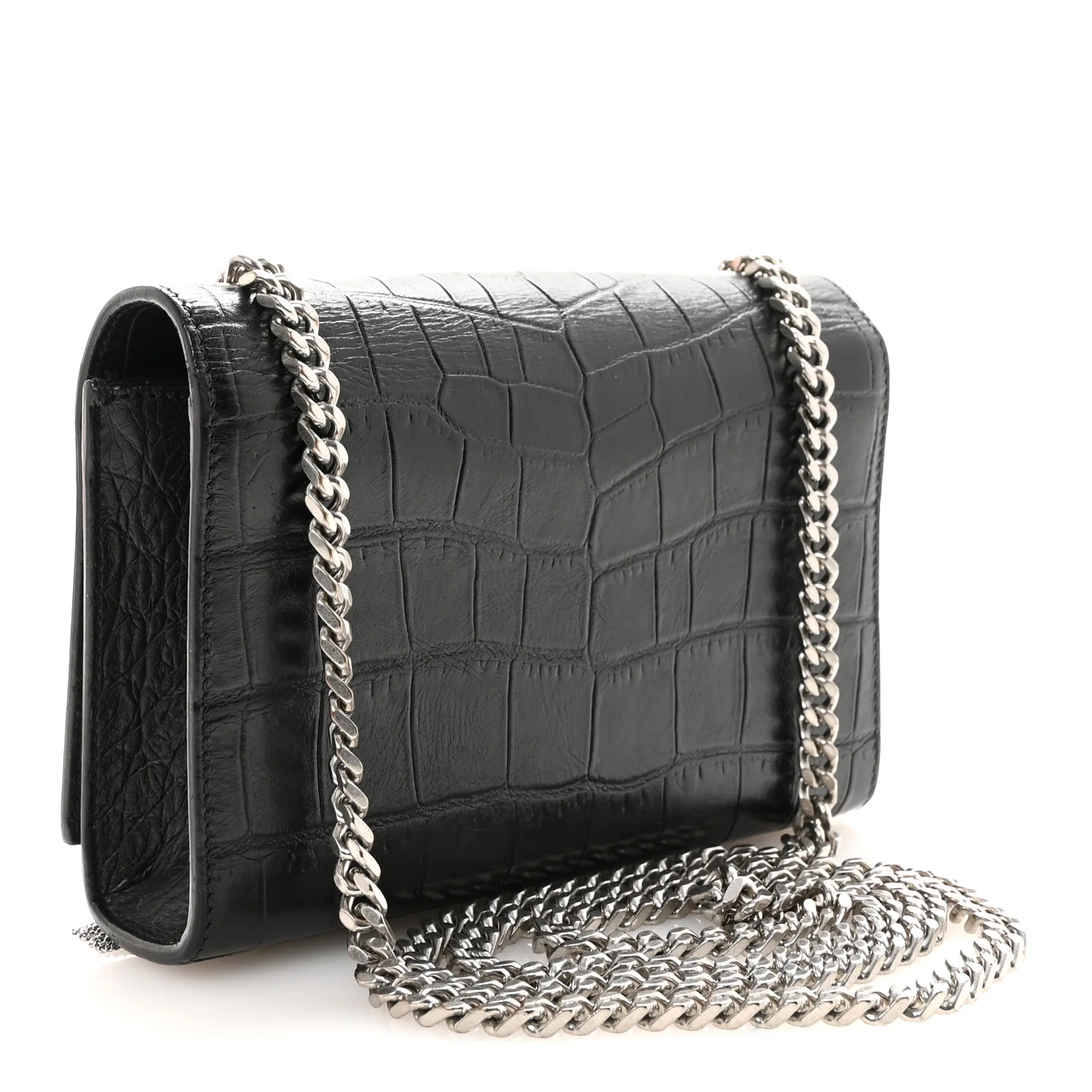 Calfskin Crocodile Embossed Small Classic Monogram Kate Tassel Satchel Black - Image 3