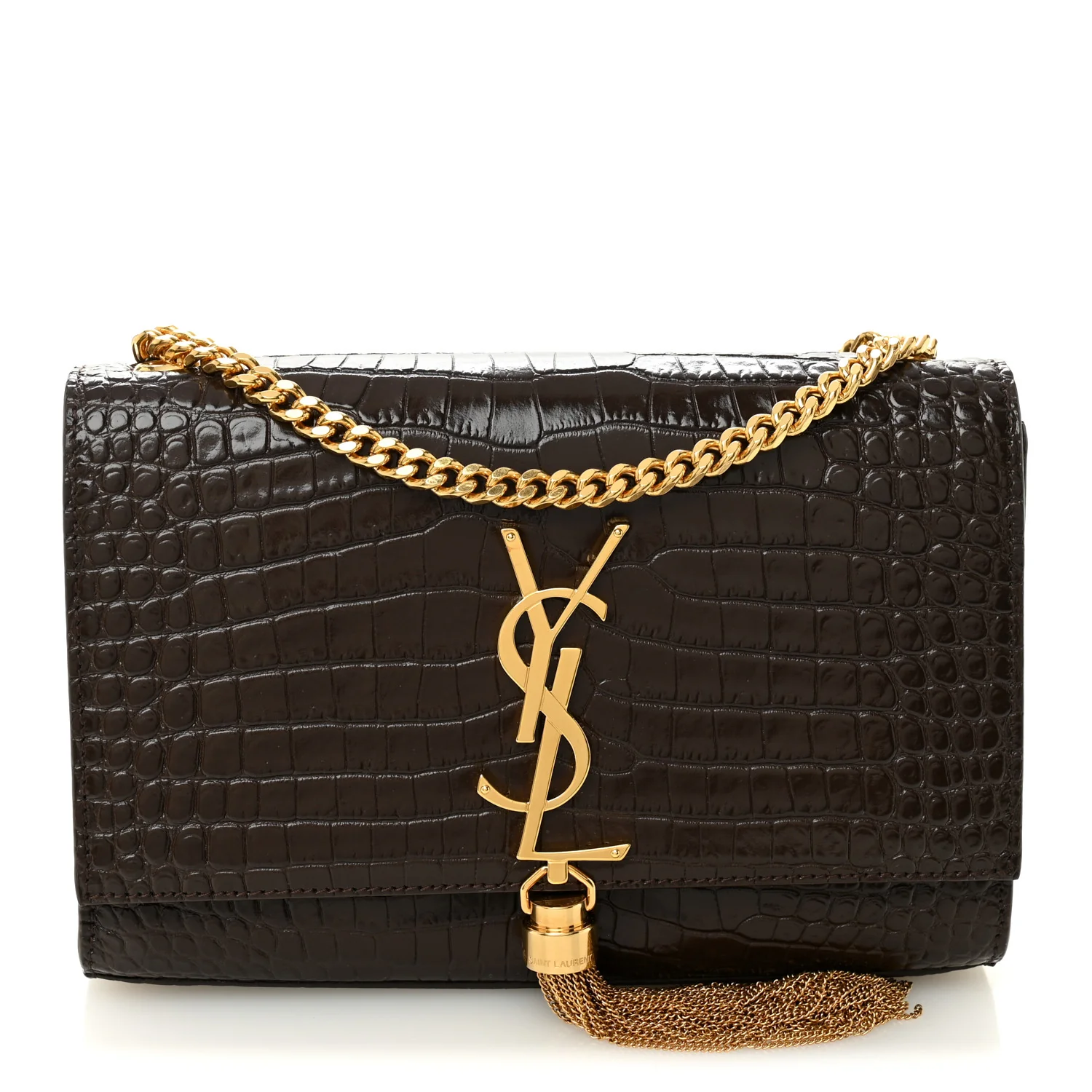 Calfskin Crocodile Embossed Small Classic Monogram Kate Tassel Satchel Dark Brown