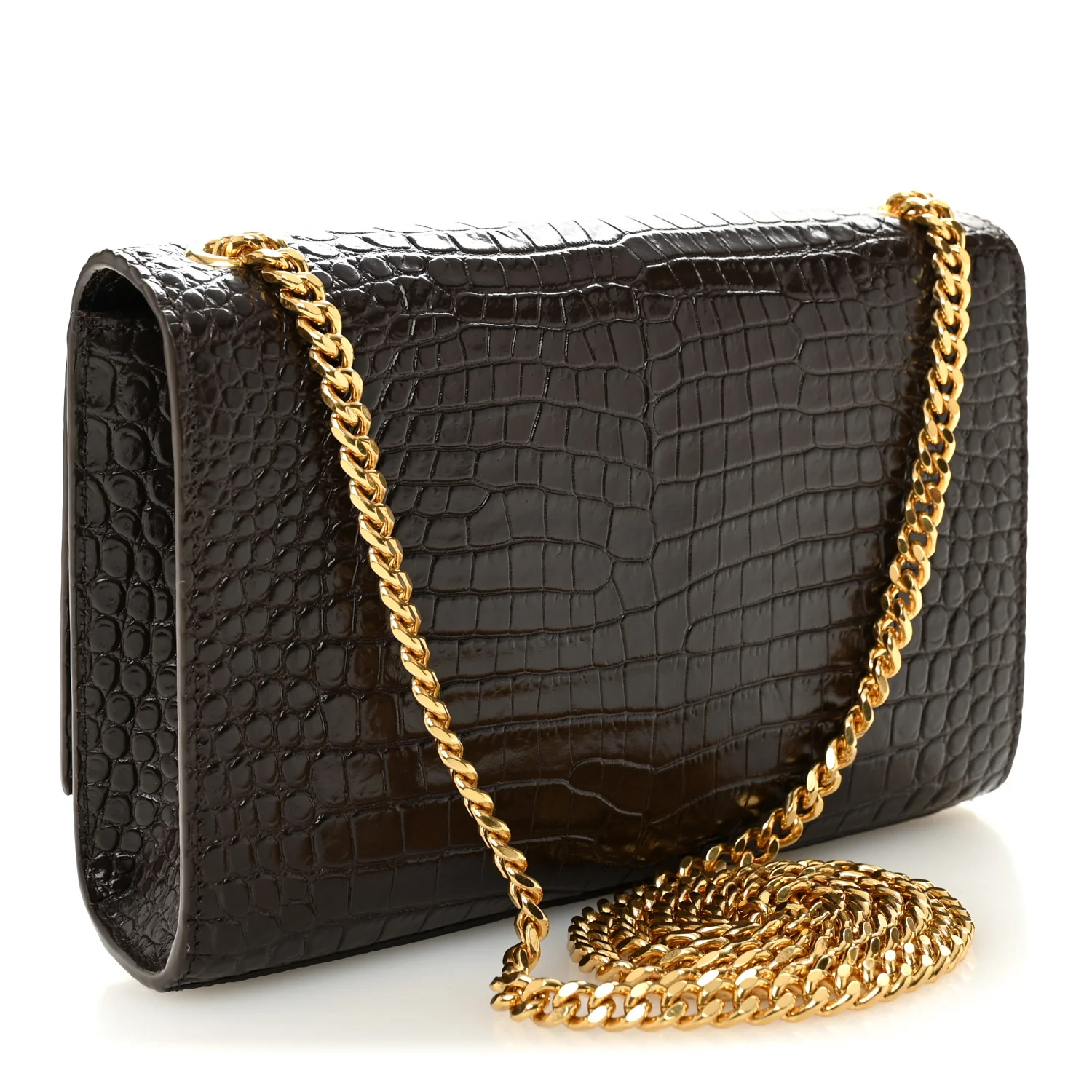 Calfskin Crocodile Embossed Small Classic Monogram Kate Tassel Satchel Dark Brown - Image 3