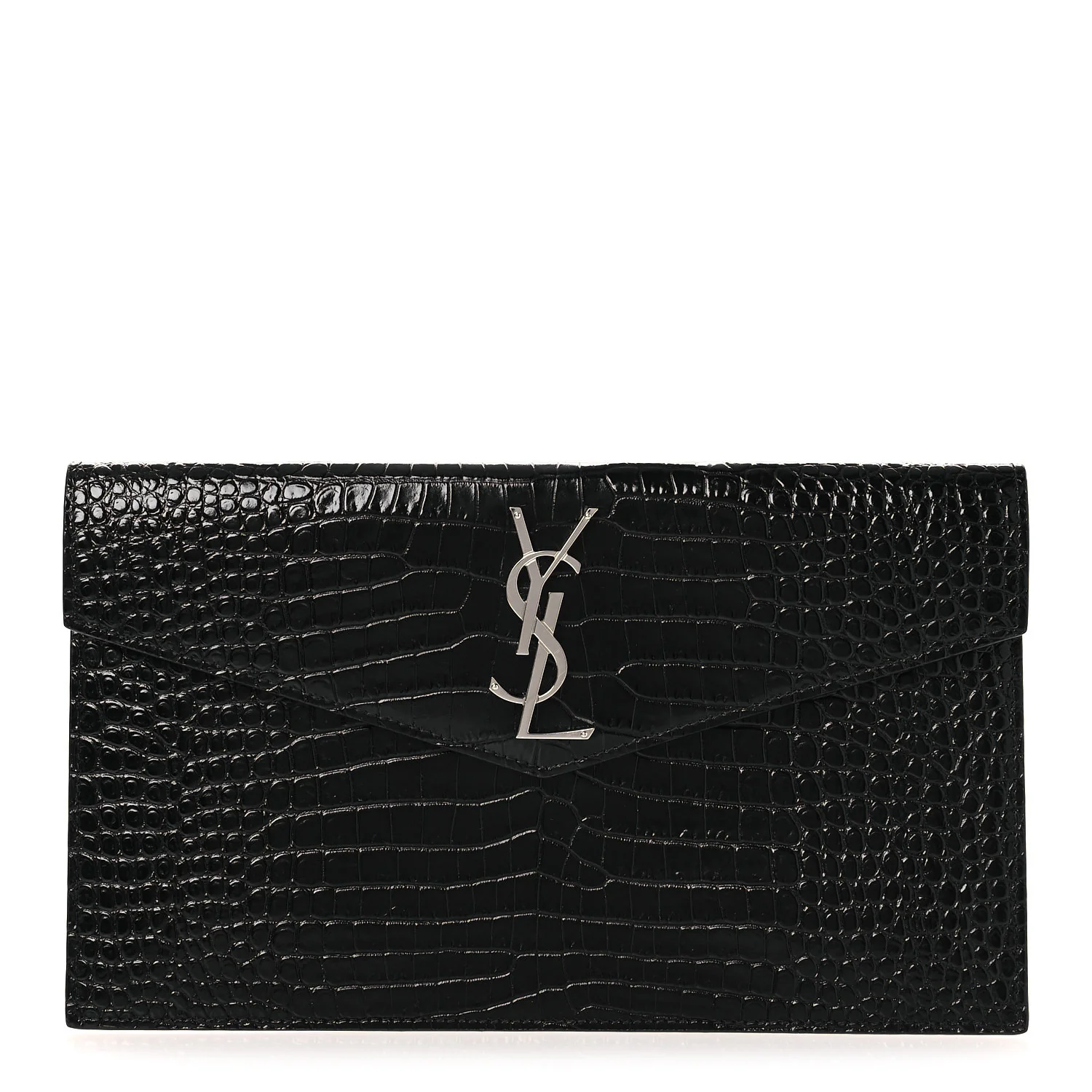 Calfskin Crocodile Embossed Uptown Monogram Clutch Black