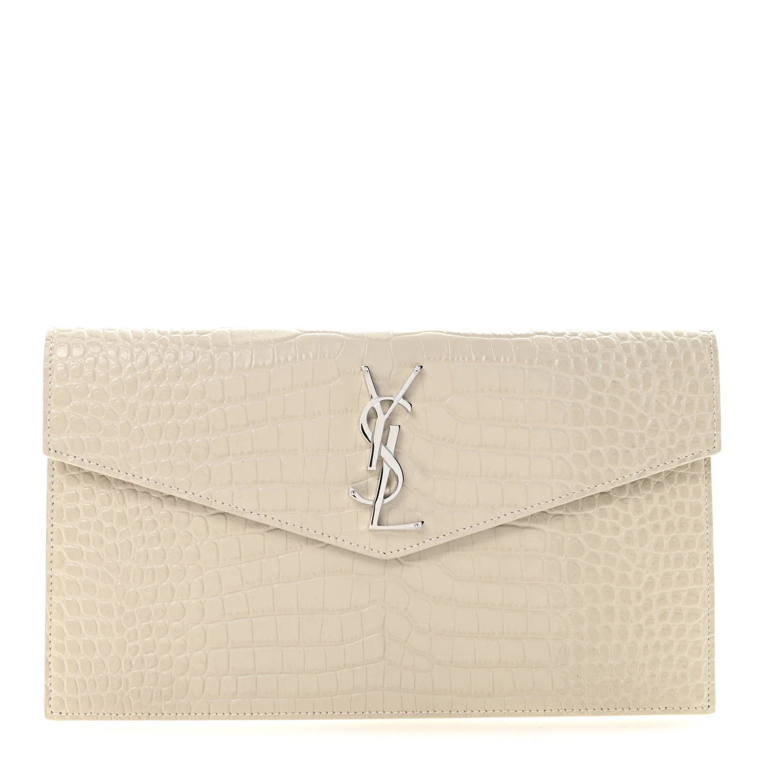 Calfskin Crocodile Embossed Uptown Monogram Pouch Crema Soft