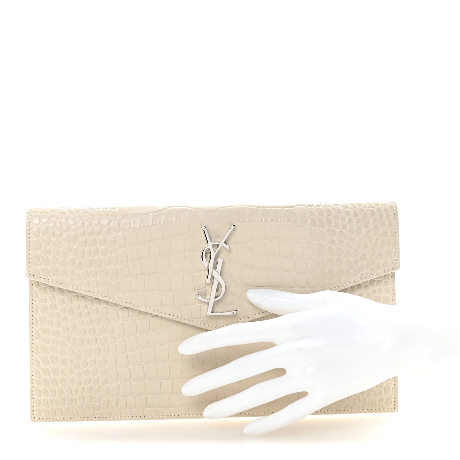 Calfskin Crocodile Embossed Uptown Monogram Pouch Crema Soft - Image 2