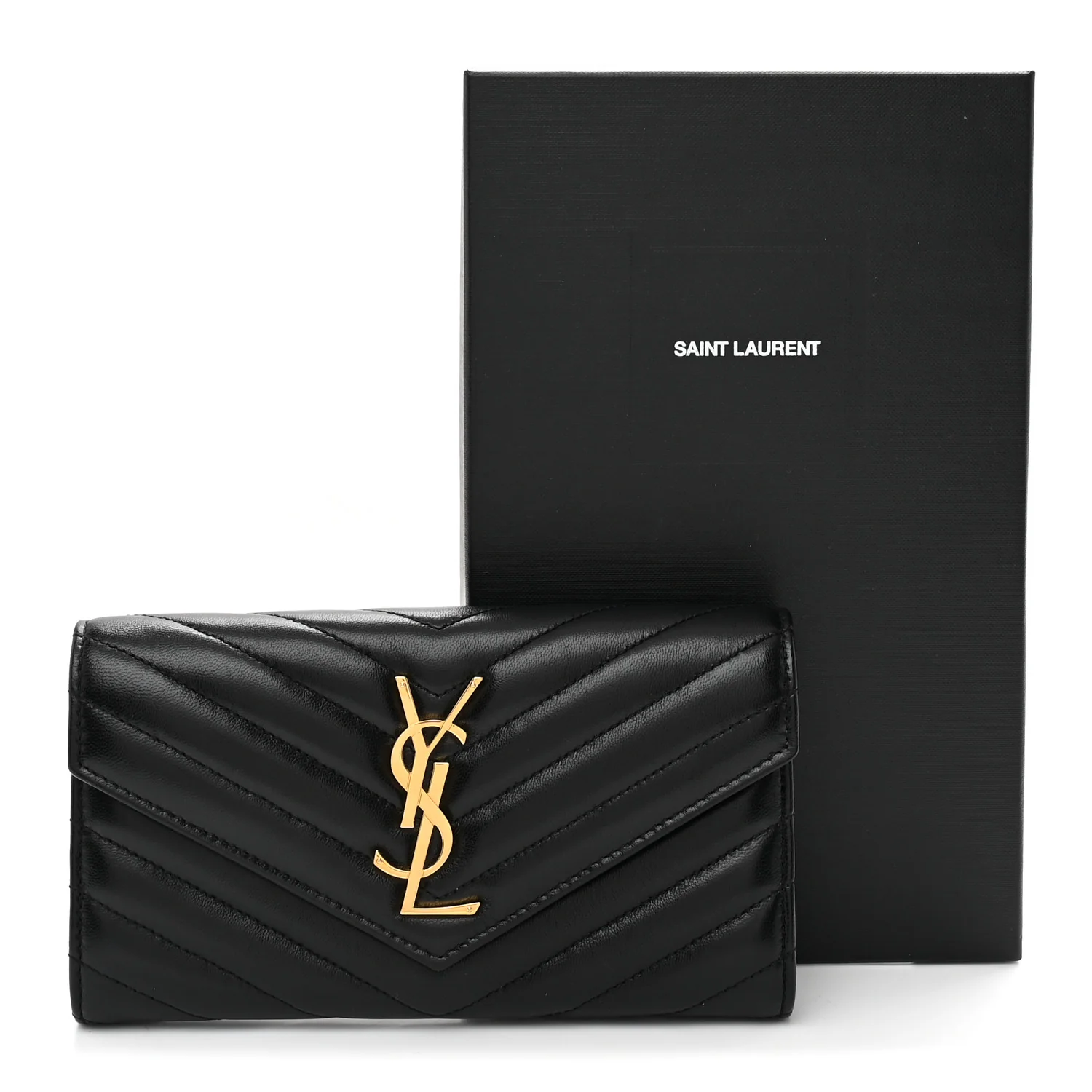 Calfskin Matelasse Chevron Monogram Flap Wallet Black - Image 7