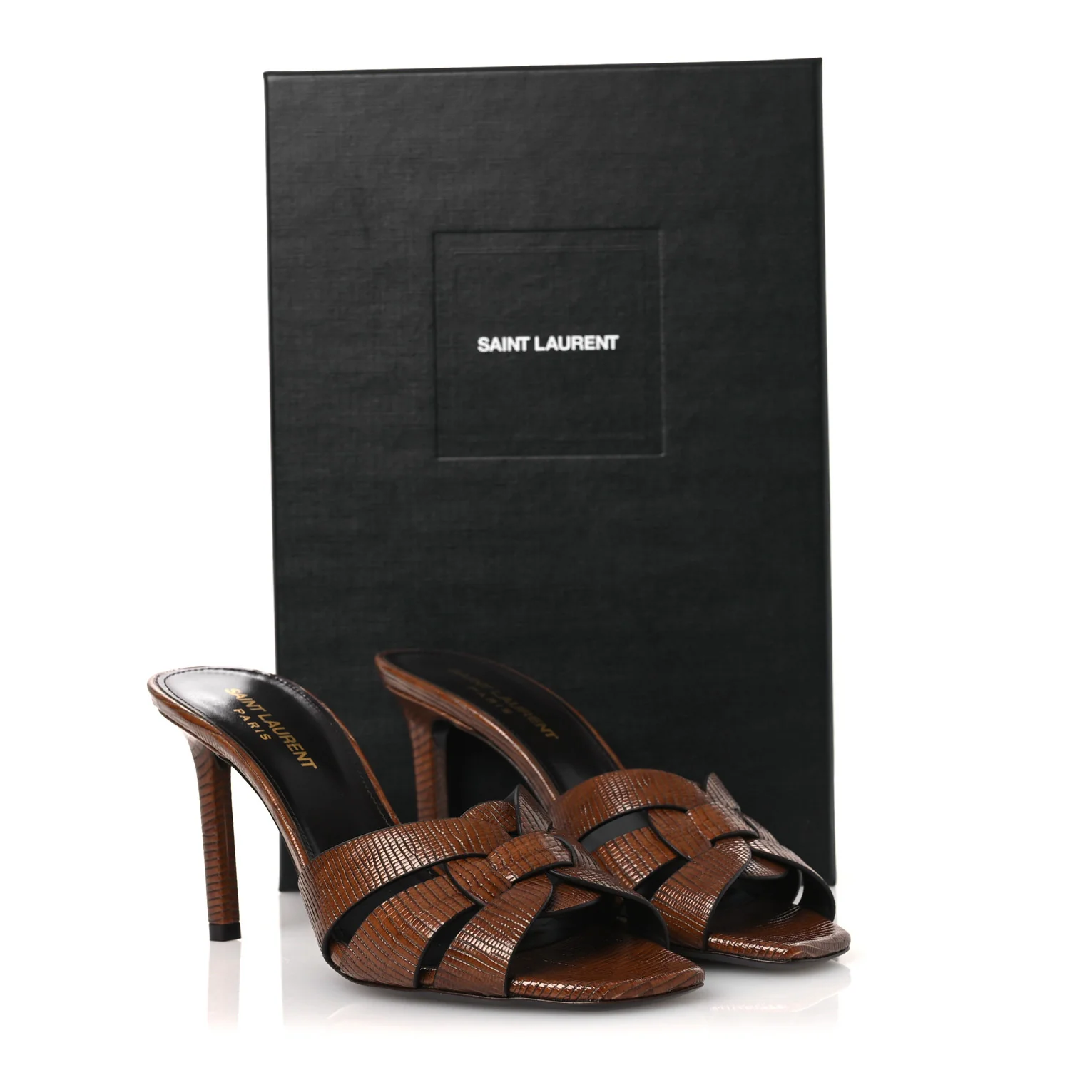 Calfskin Sahara Lizard Embossed Tribute 85 Slide Sandals 37.5 Almond Brown - Image 11